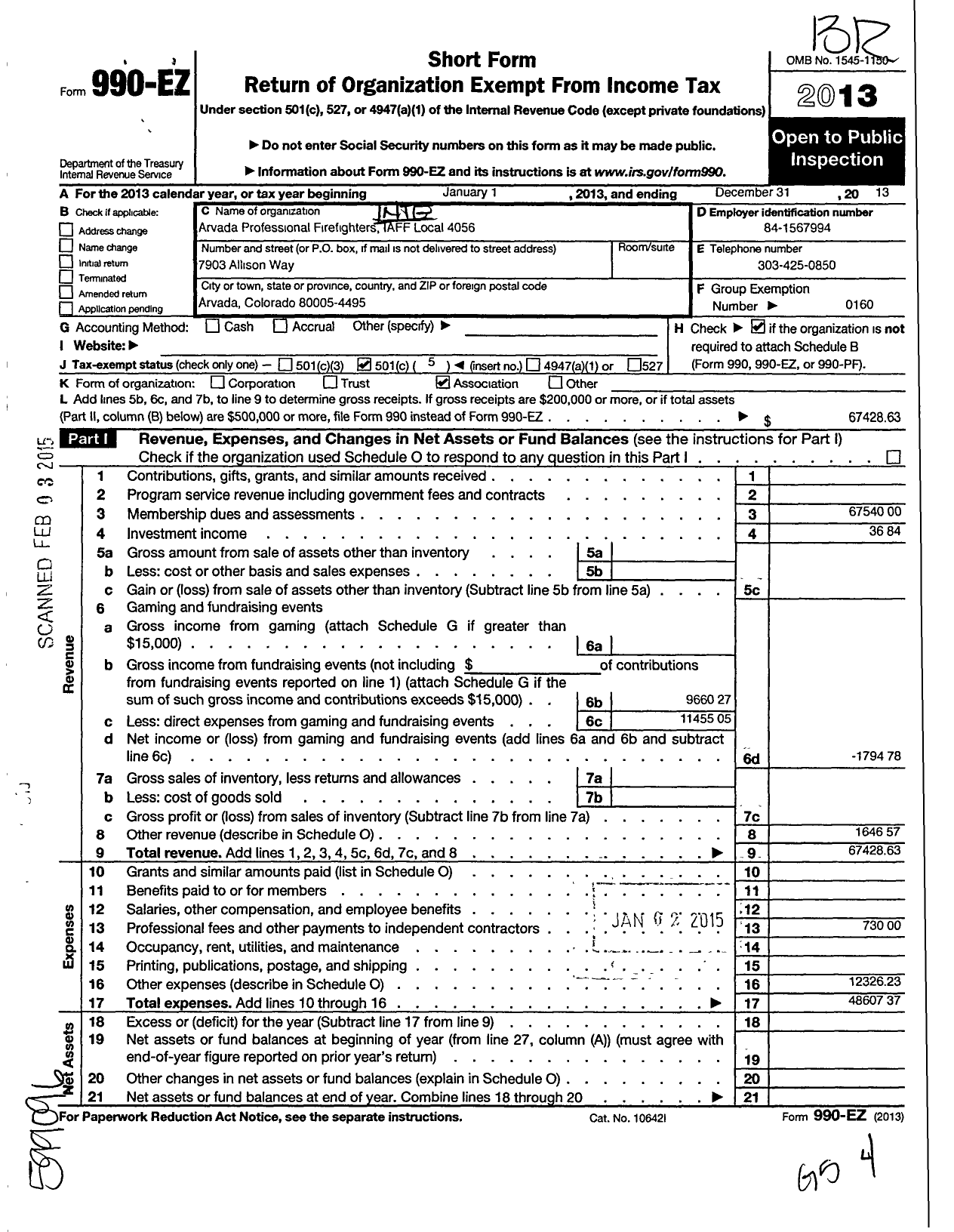 Image of first page of 2013 Form 990EO for International Association of Fire Fighters - L4056 Arvada