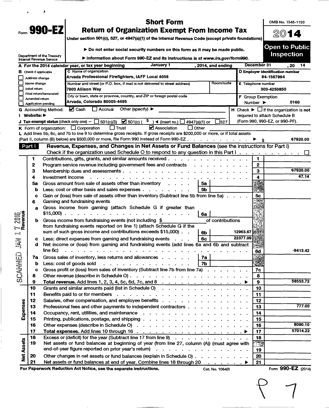 Image of first page of 2014 Form 990EO for International Association of Fire Fighters - L4056 Arvada