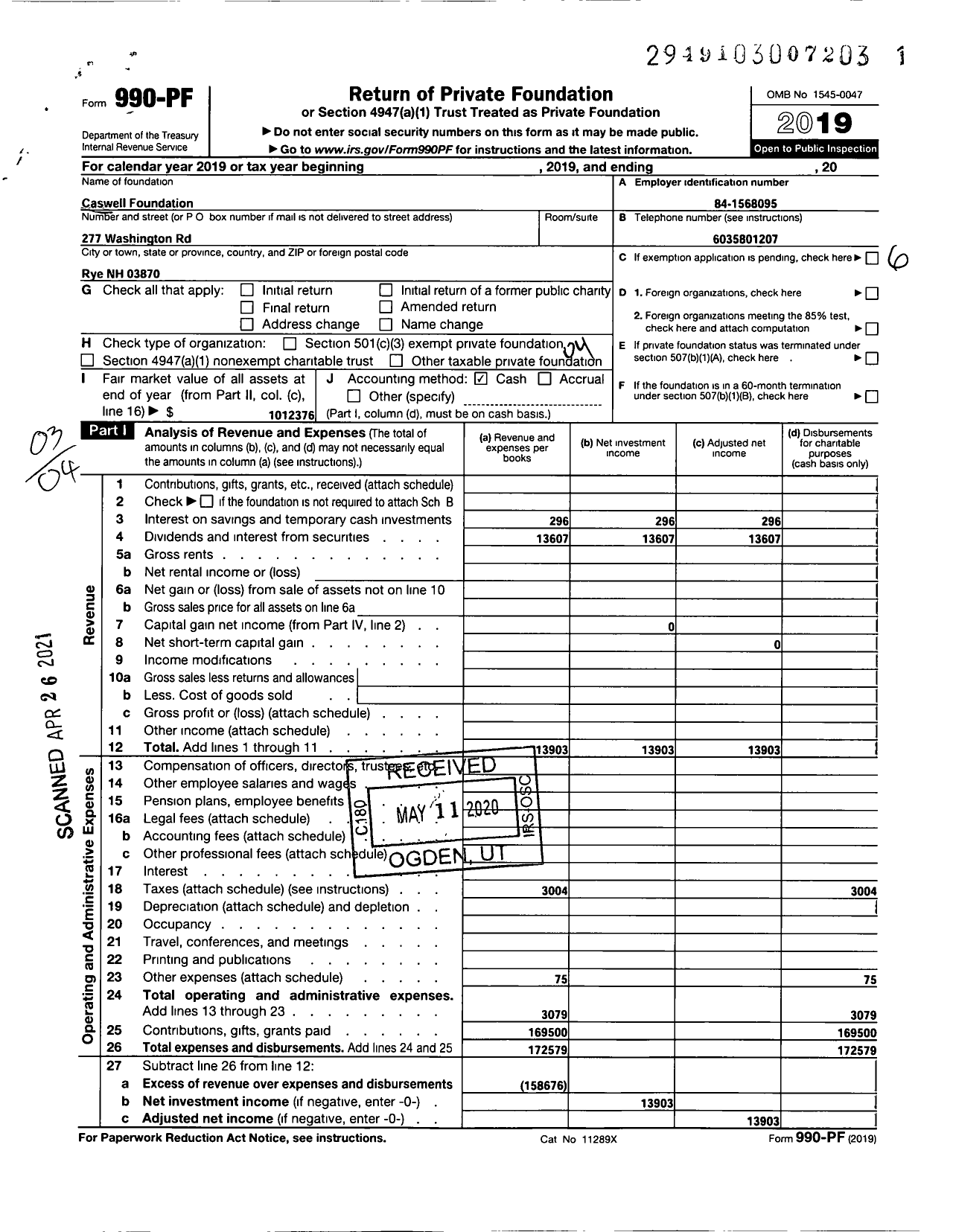 Image of first page of 2019 Form 990PF for Caswell Foundation