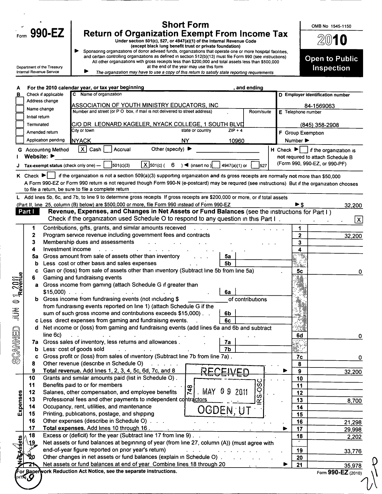 Image of first page of 2010 Form 990EO for Youth Ministry Educators