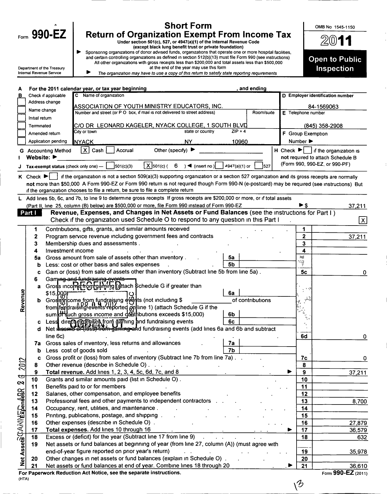 Image of first page of 2011 Form 990EO for Youth Ministry Educators