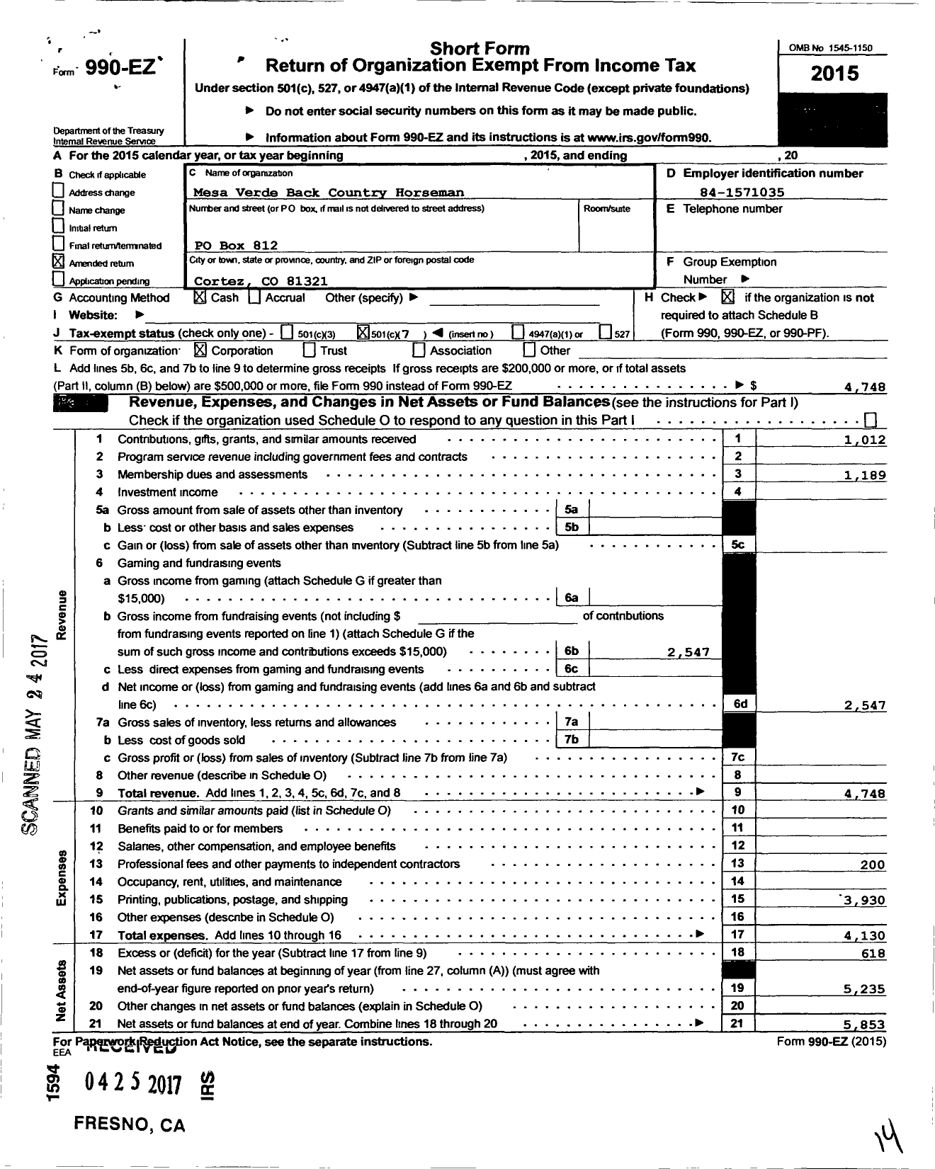 Image of first page of 2015 Form 990EO for Mesa Verde Back Country Horsemen