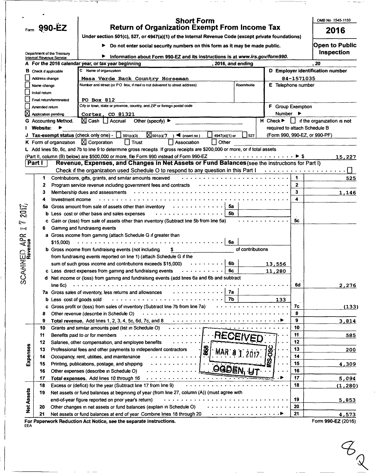 Image of first page of 2016 Form 990EO for Mesa Verde Back Country Horsemen