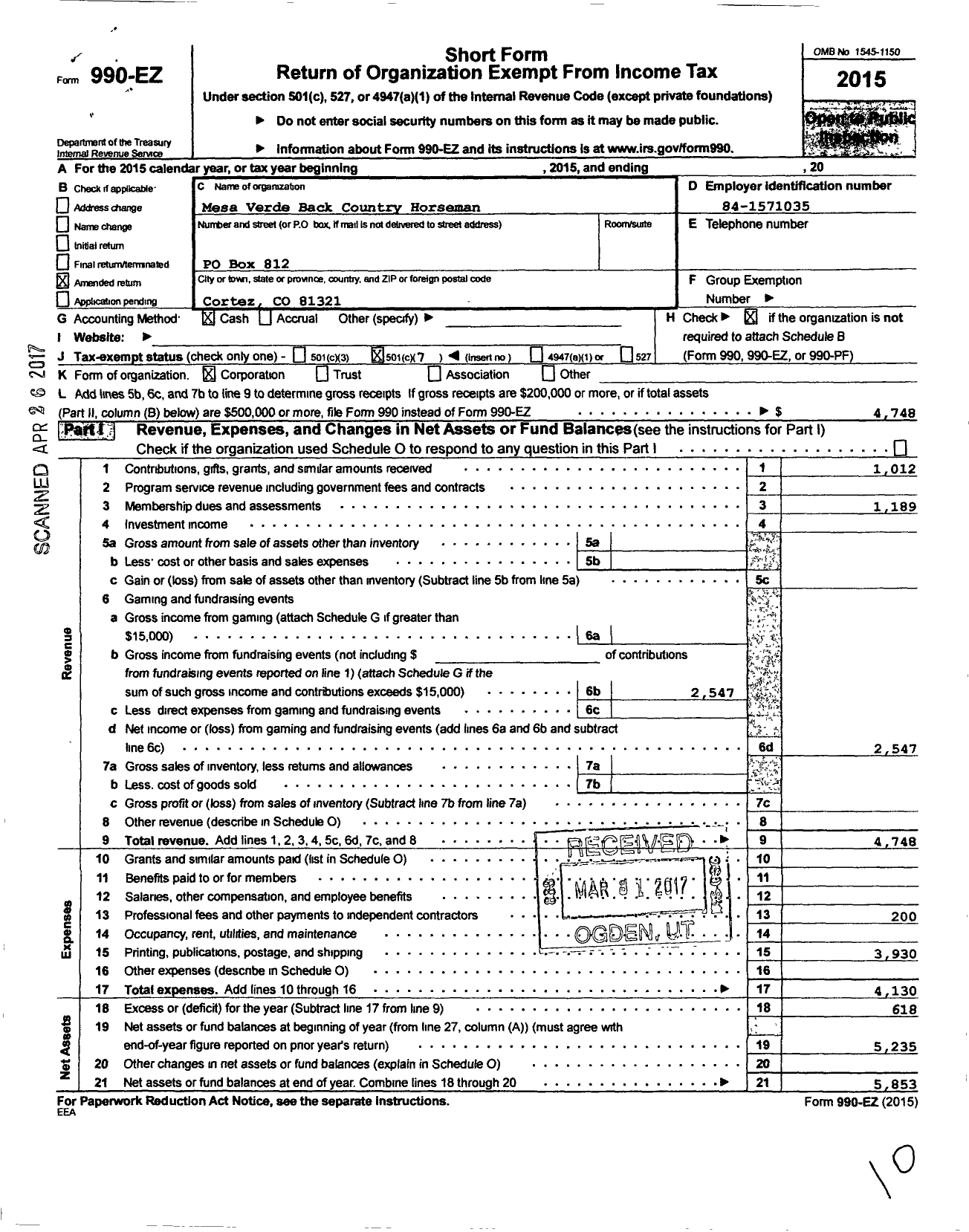 Image of first page of 2015 Form 990EO for Mesa Verde Back Country Horsemen