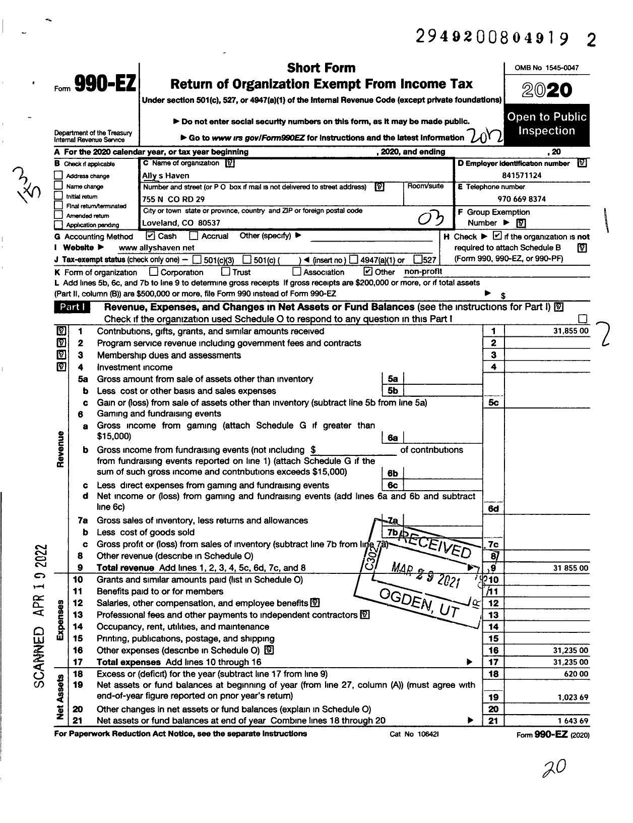 Image of first page of 2020 Form 990EZ for Allys Haven