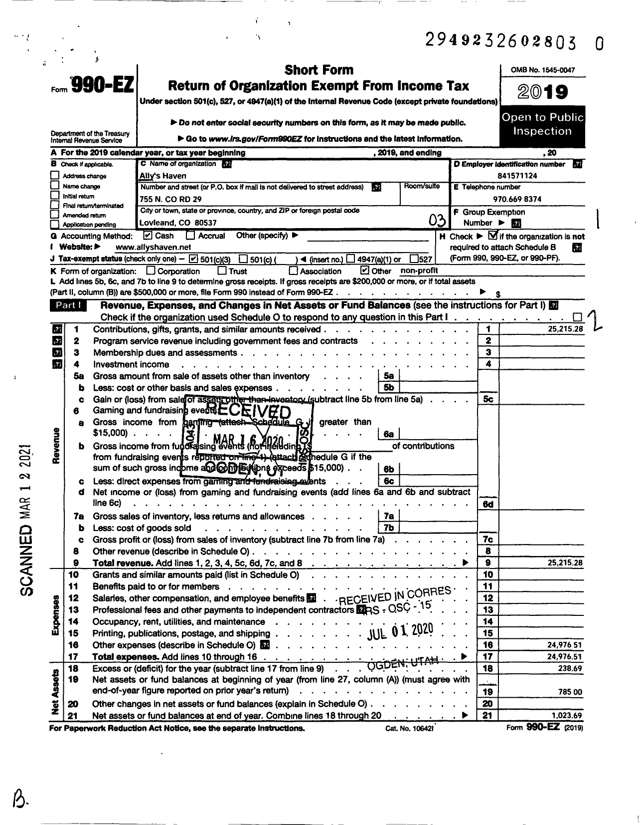 Image of first page of 2019 Form 990EZ for Allys Haven