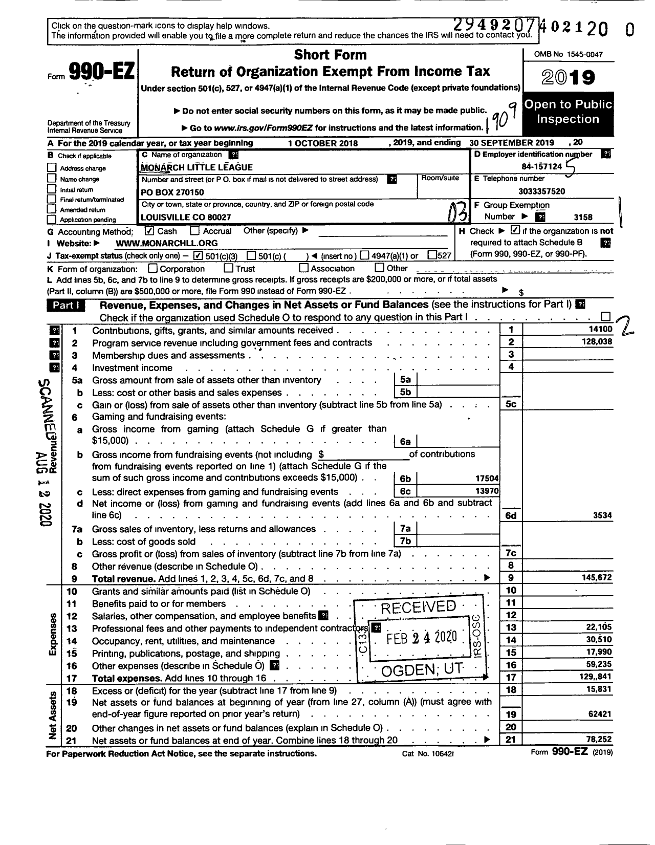 Image of first page of 2018 Form 990EZ for Little League Baseball - 91792 Monarch LL