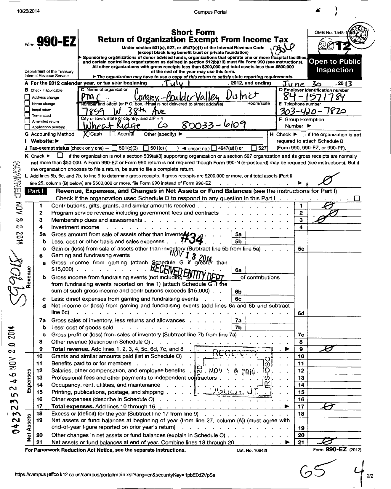 Image of first page of 2012 Form 990EO for PTA Colorado Congress / Boulder Valley District PTA