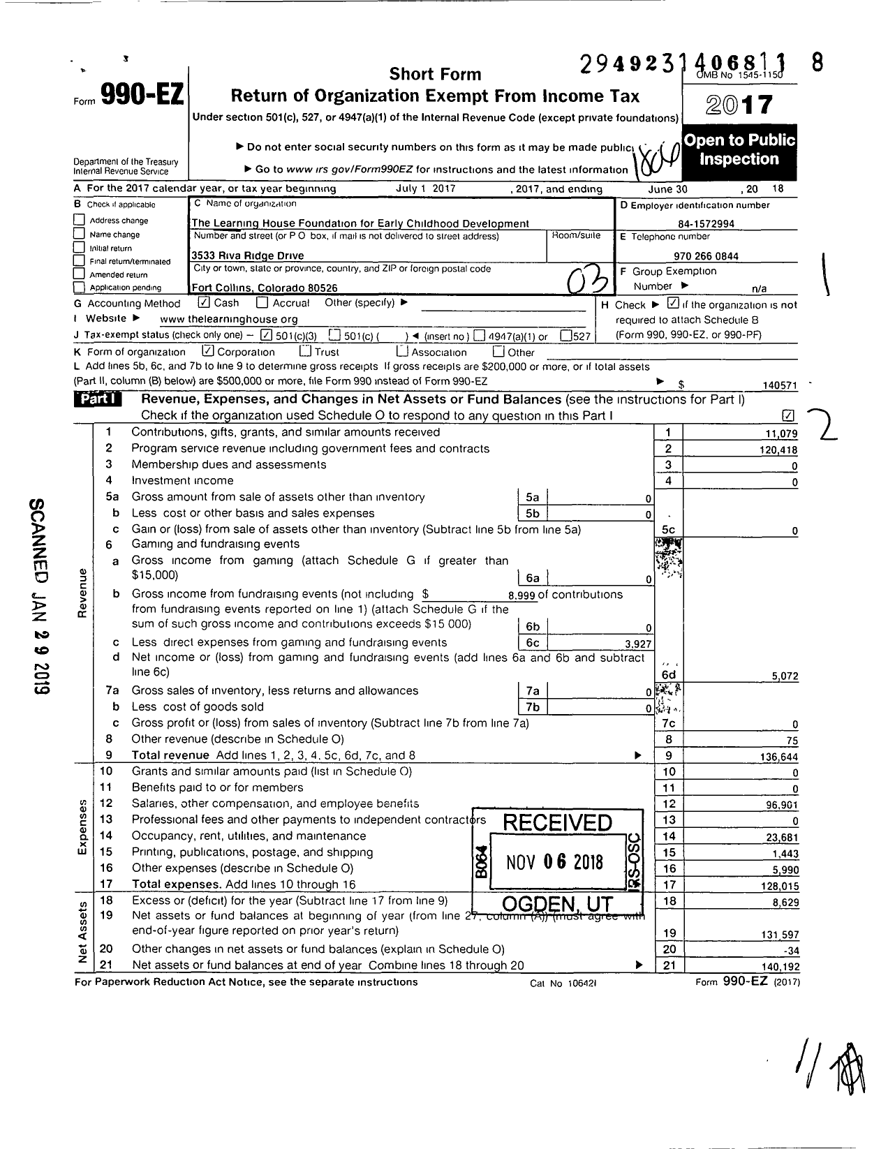 Image of first page of 2017 Form 990EZ for The Learning House Foundation for Early Childhood Development