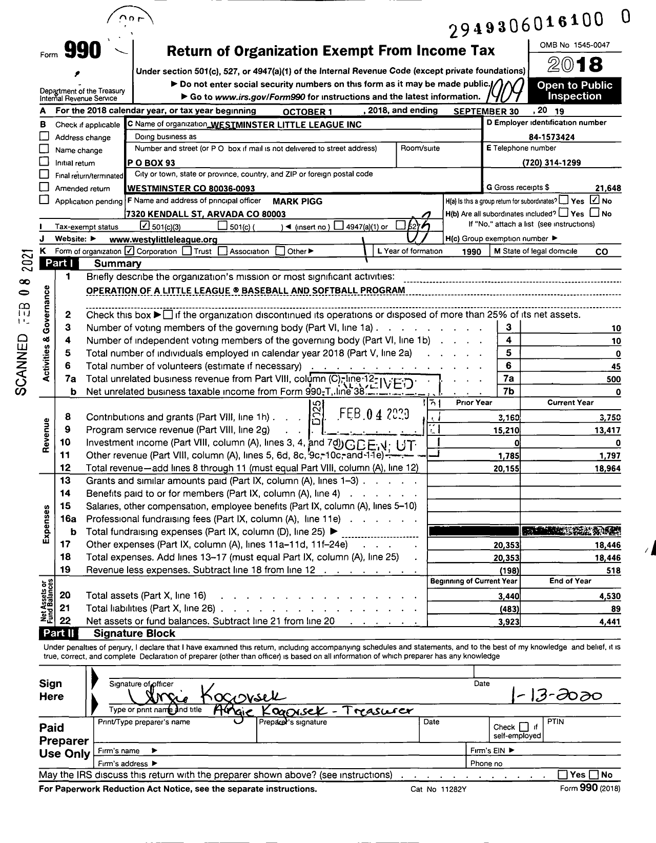 Image of first page of 2018 Form 990 for Westminster Little League