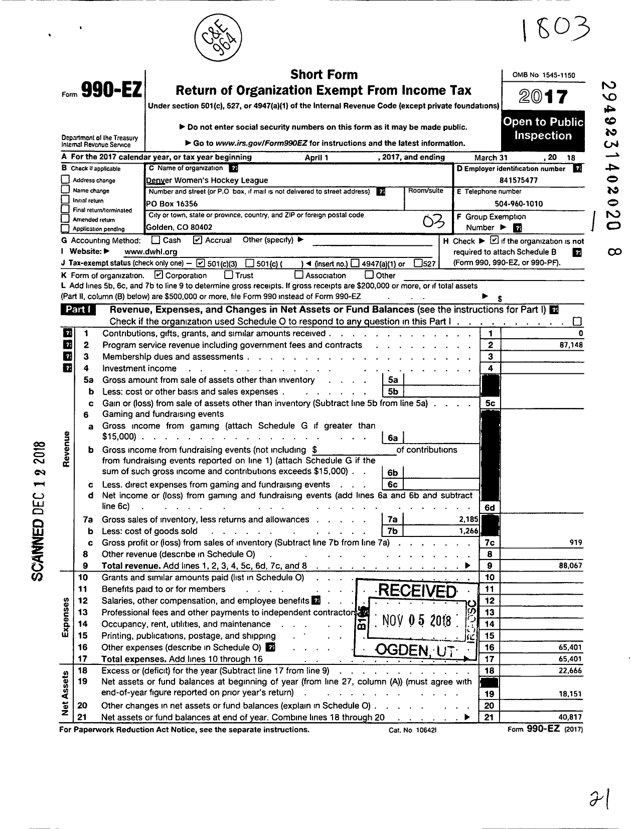 Image of first page of 2017 Form 990EZ for Denver Womens Hockey League