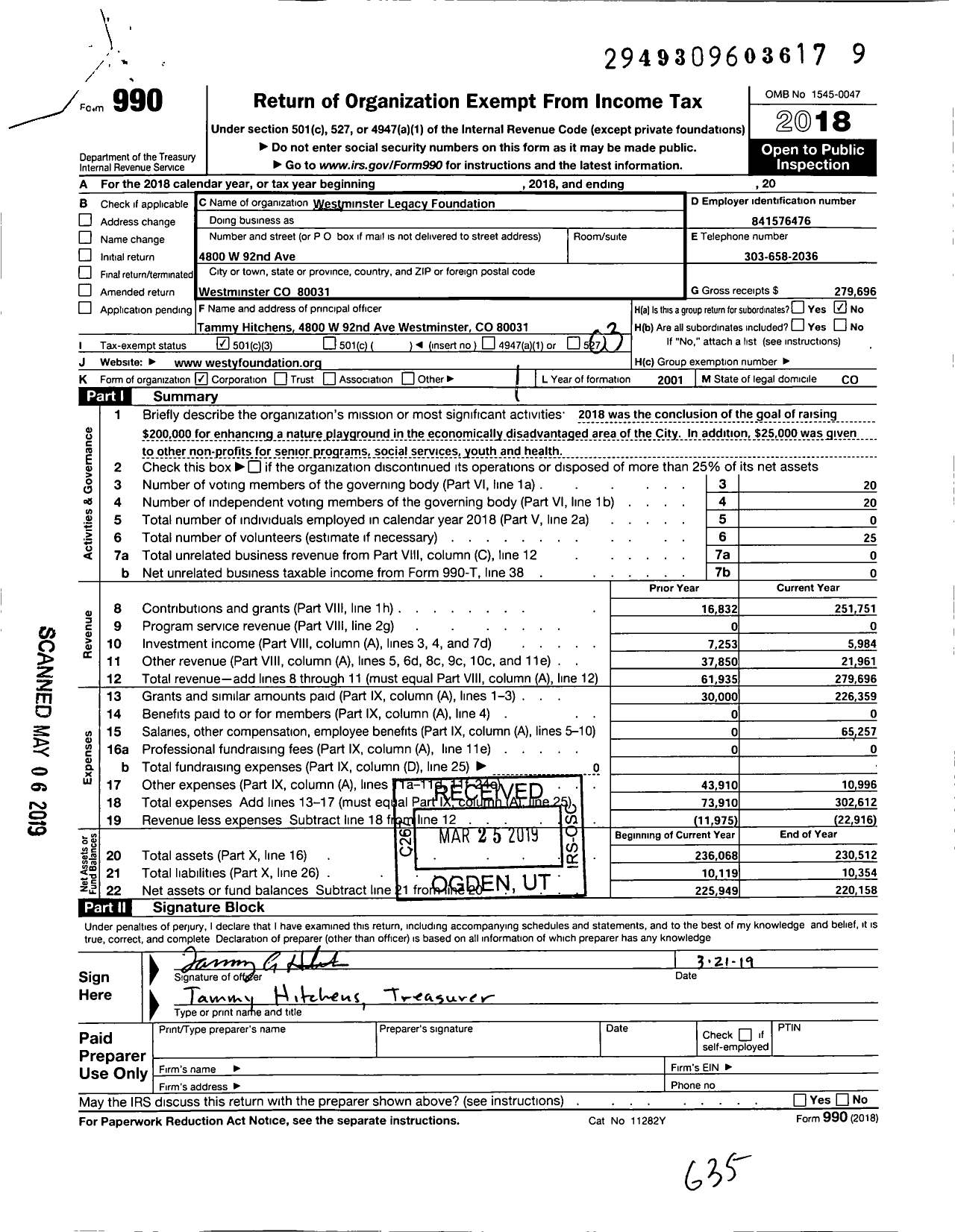 Image of first page of 2018 Form 990 for Westminster Legacy Foundation