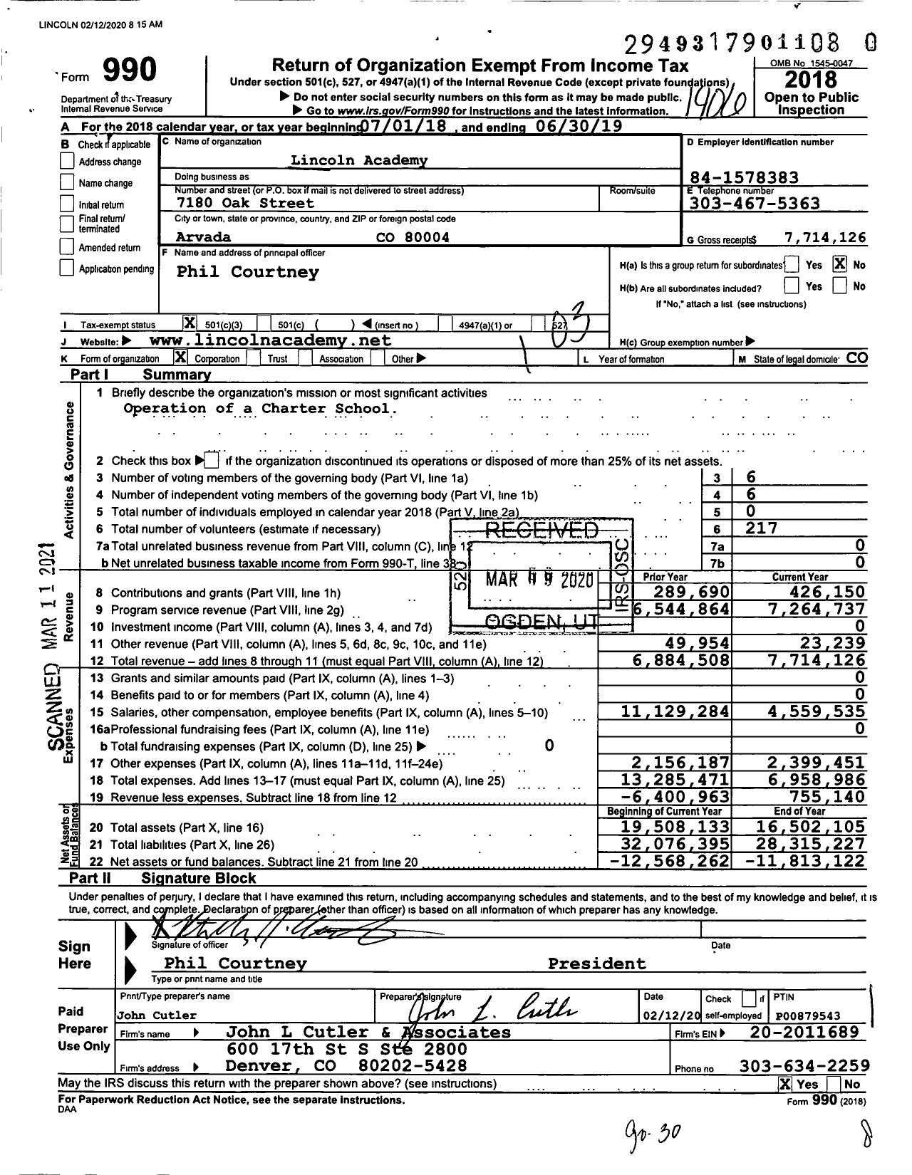 Image of first page of 2018 Form 990 for Lincoln Academy Charter School