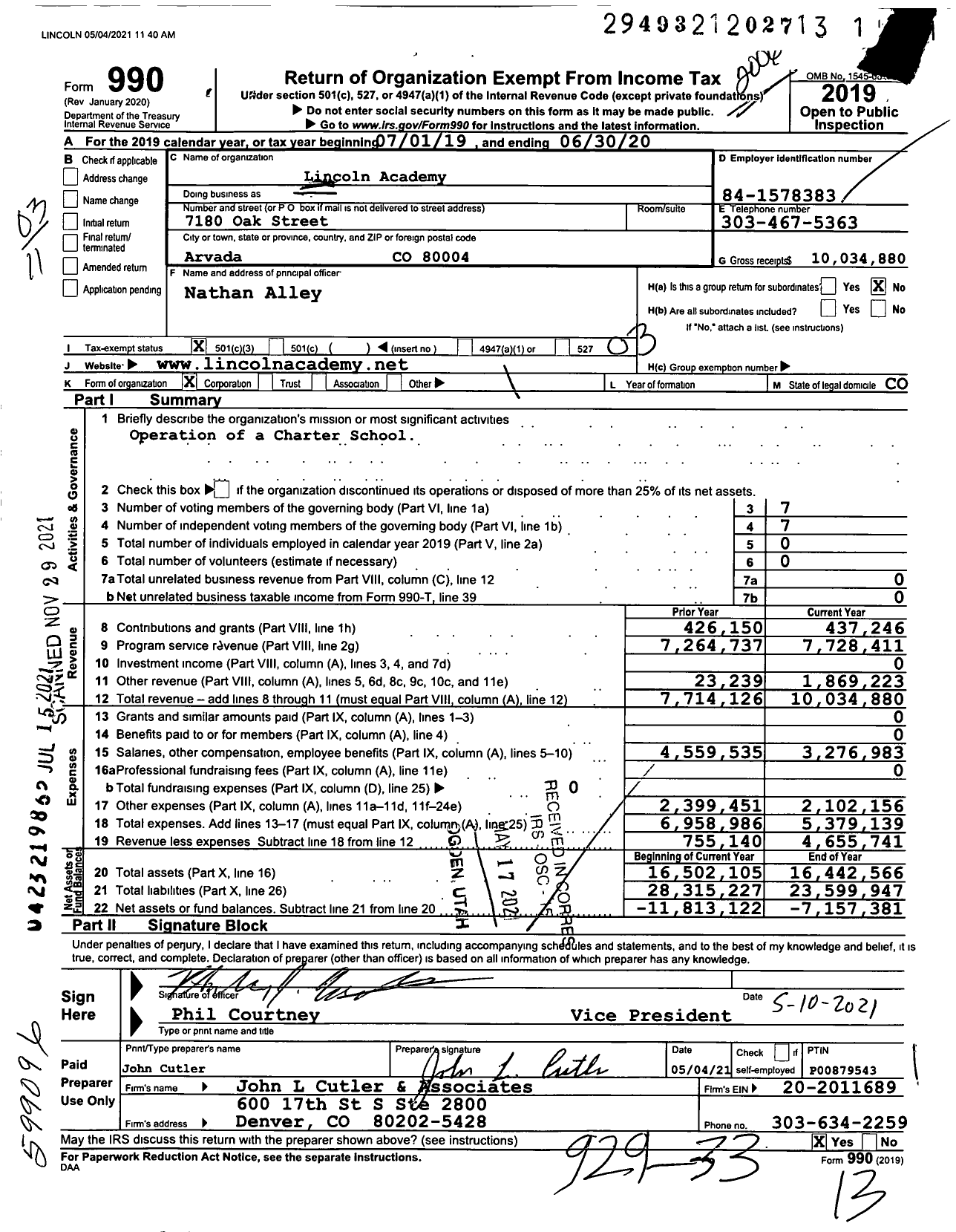 Image of first page of 2019 Form 990 for Lincoln Academy Charter School