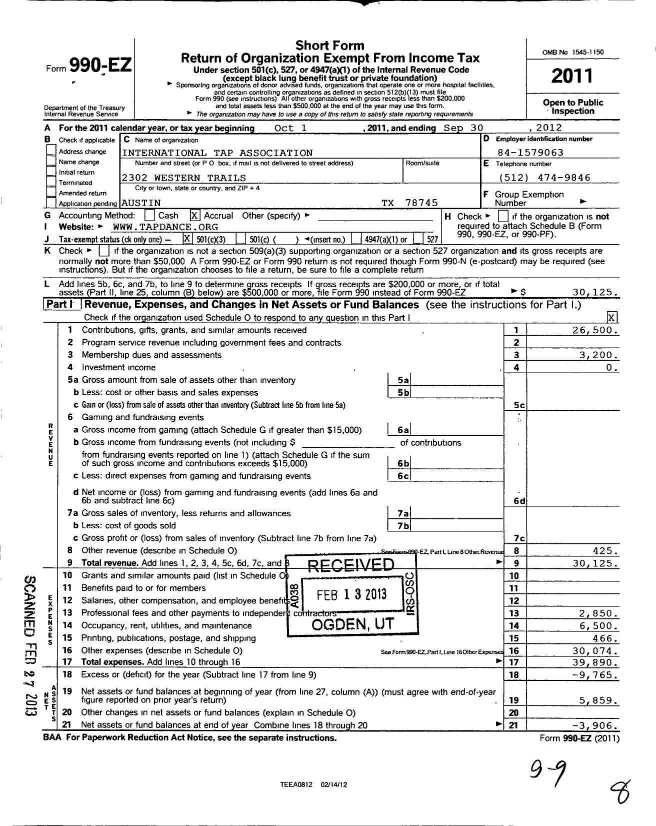 Image of first page of 2011 Form 990EZ for International Tap Association