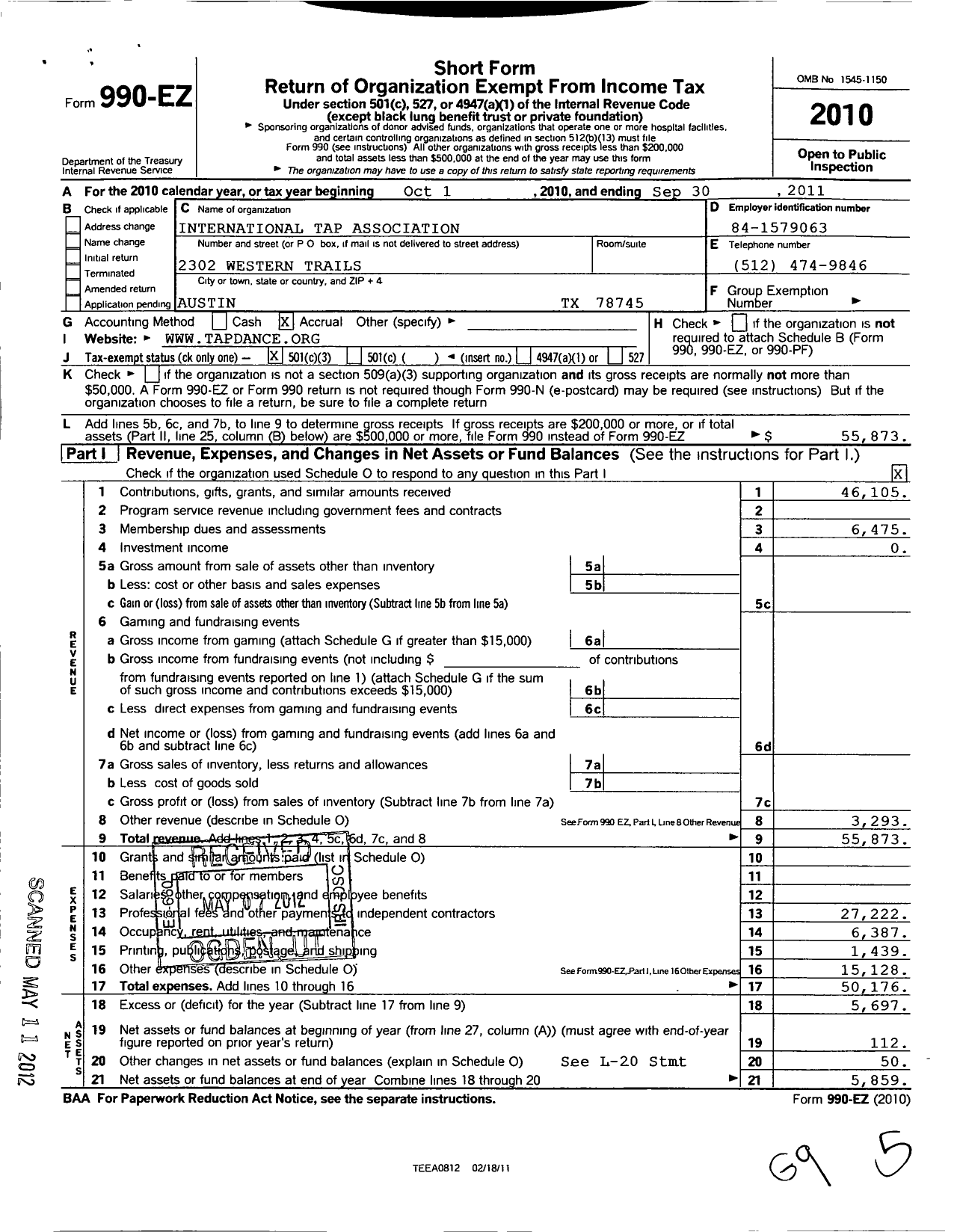 Image of first page of 2010 Form 990EZ for International Tap Association