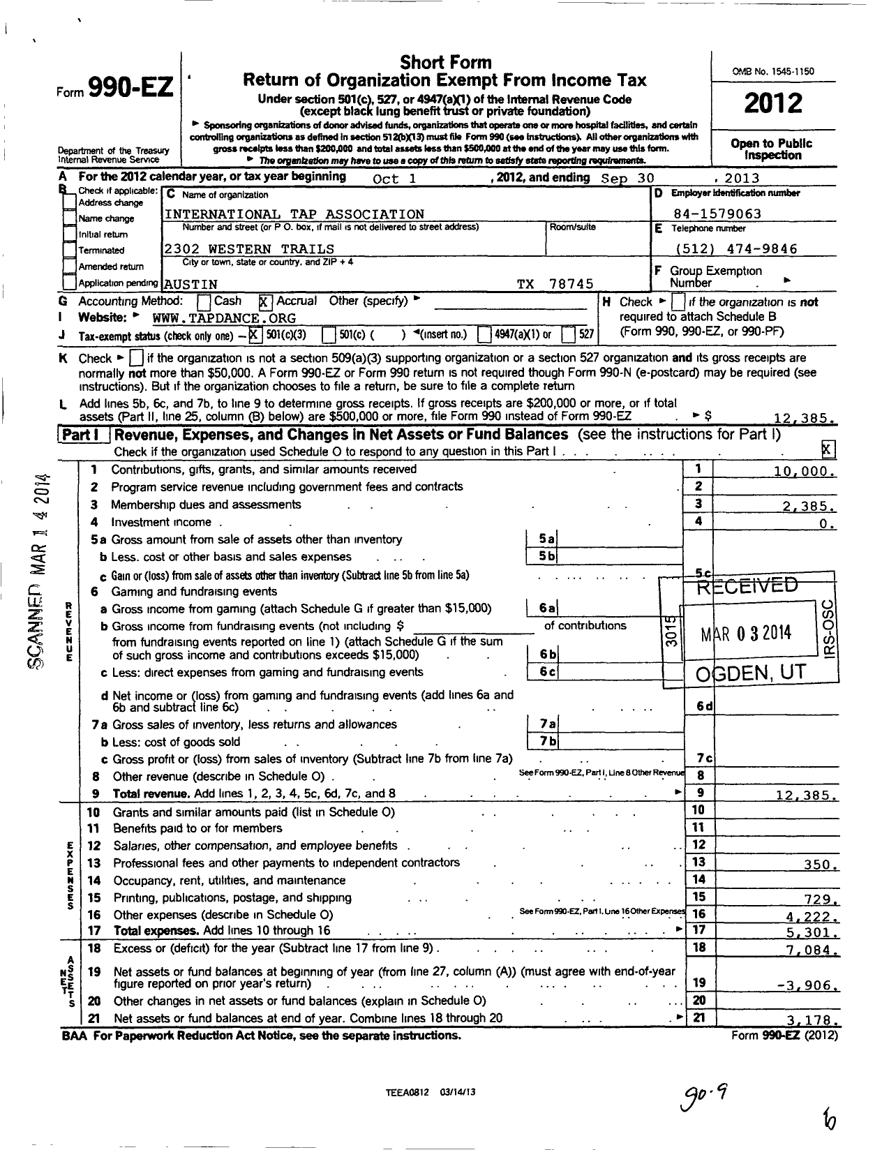 Image of first page of 2012 Form 990EZ for International Tap Association
