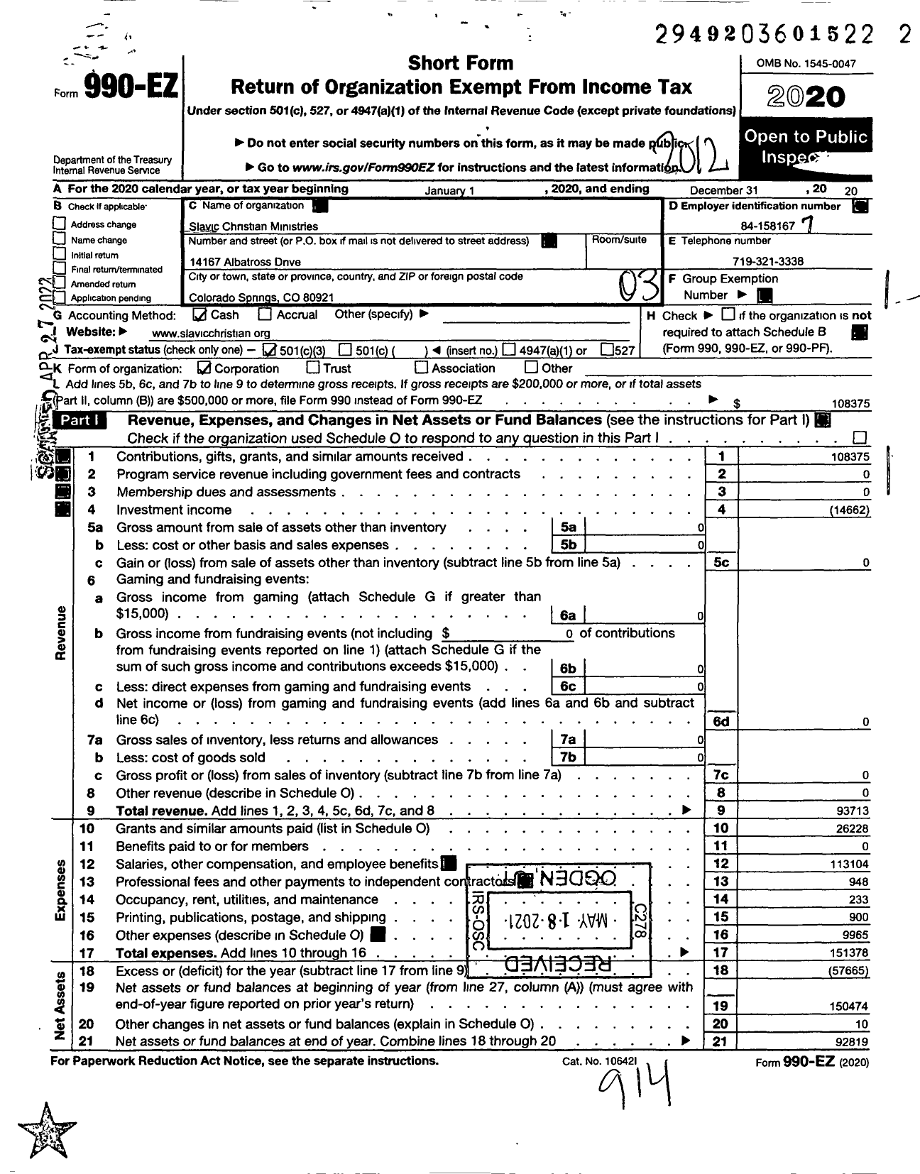 Image of first page of 2020 Form 990EZ for Slavic Christian Ministries