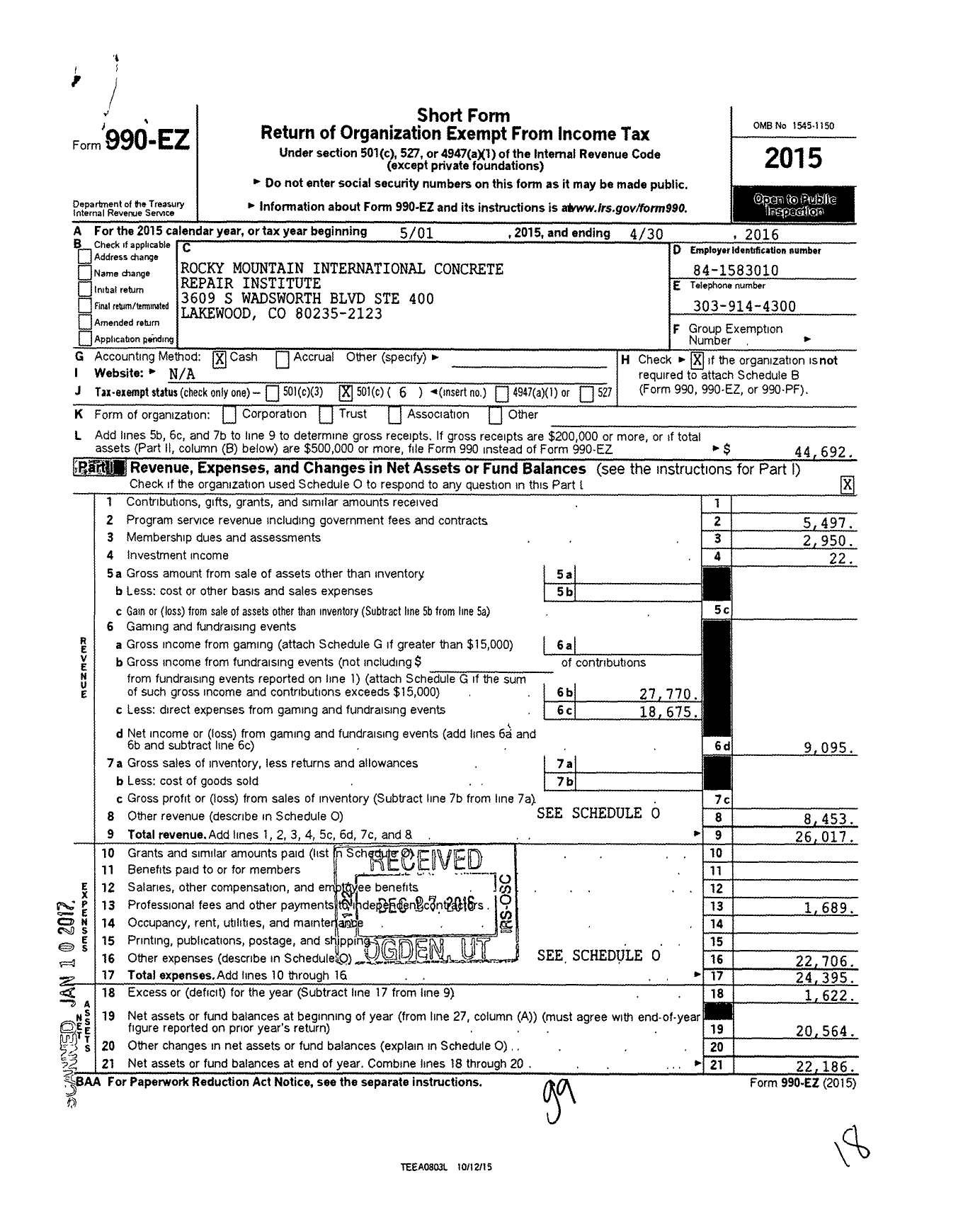 Image of first page of 2015 Form 990EO for Rocky MOUNTAIN INTERNATIONAL CONCRETE REpair INSTITUTE