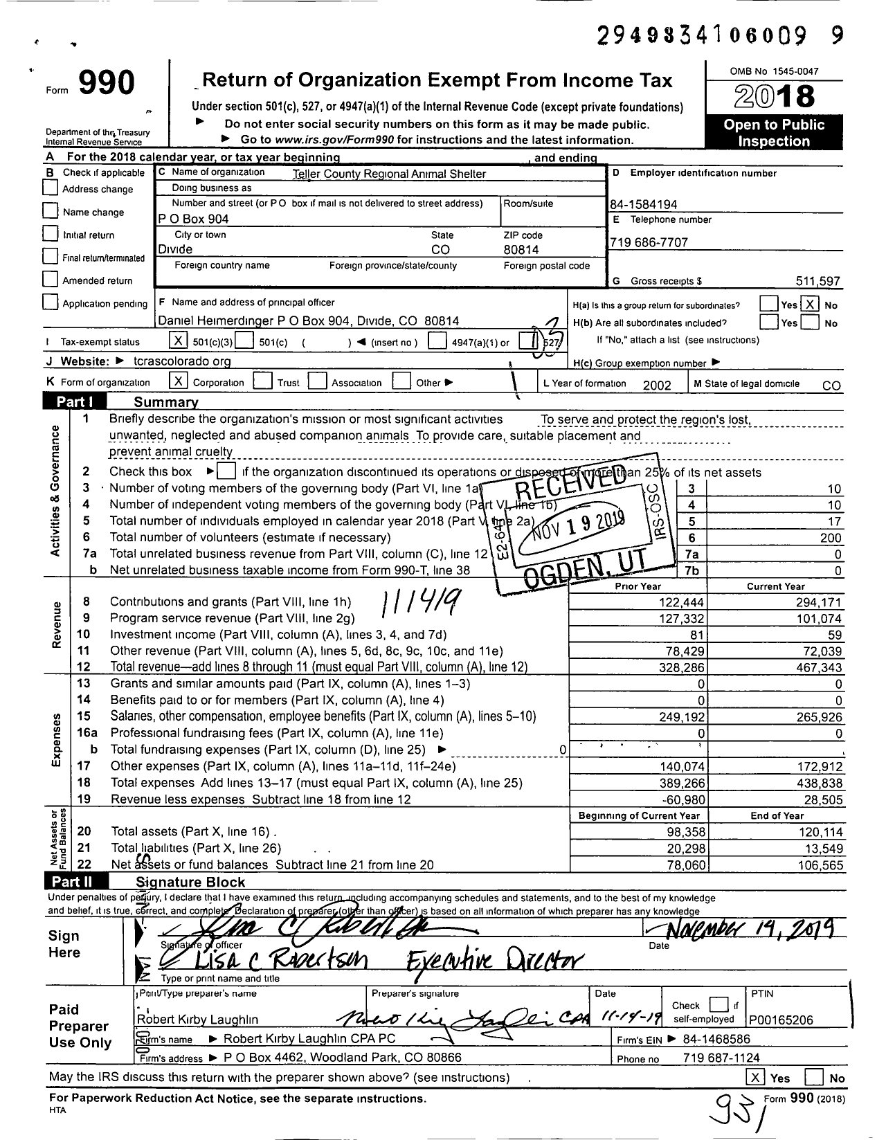 Image of first page of 2018 Form 990 for Teller County Regional Animal Shelter