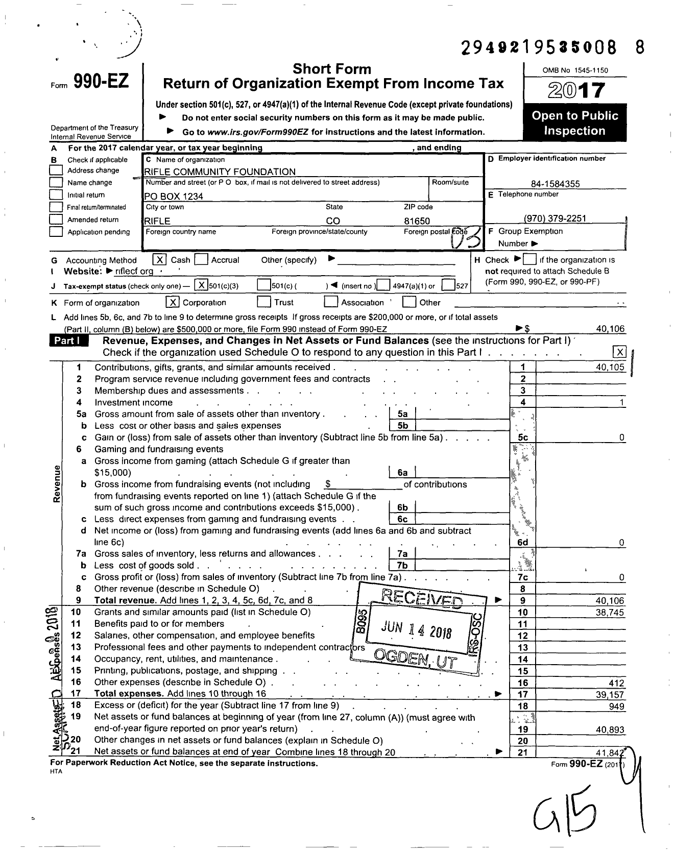 Image of first page of 2017 Form 990EZ for Rifle Community Foundation