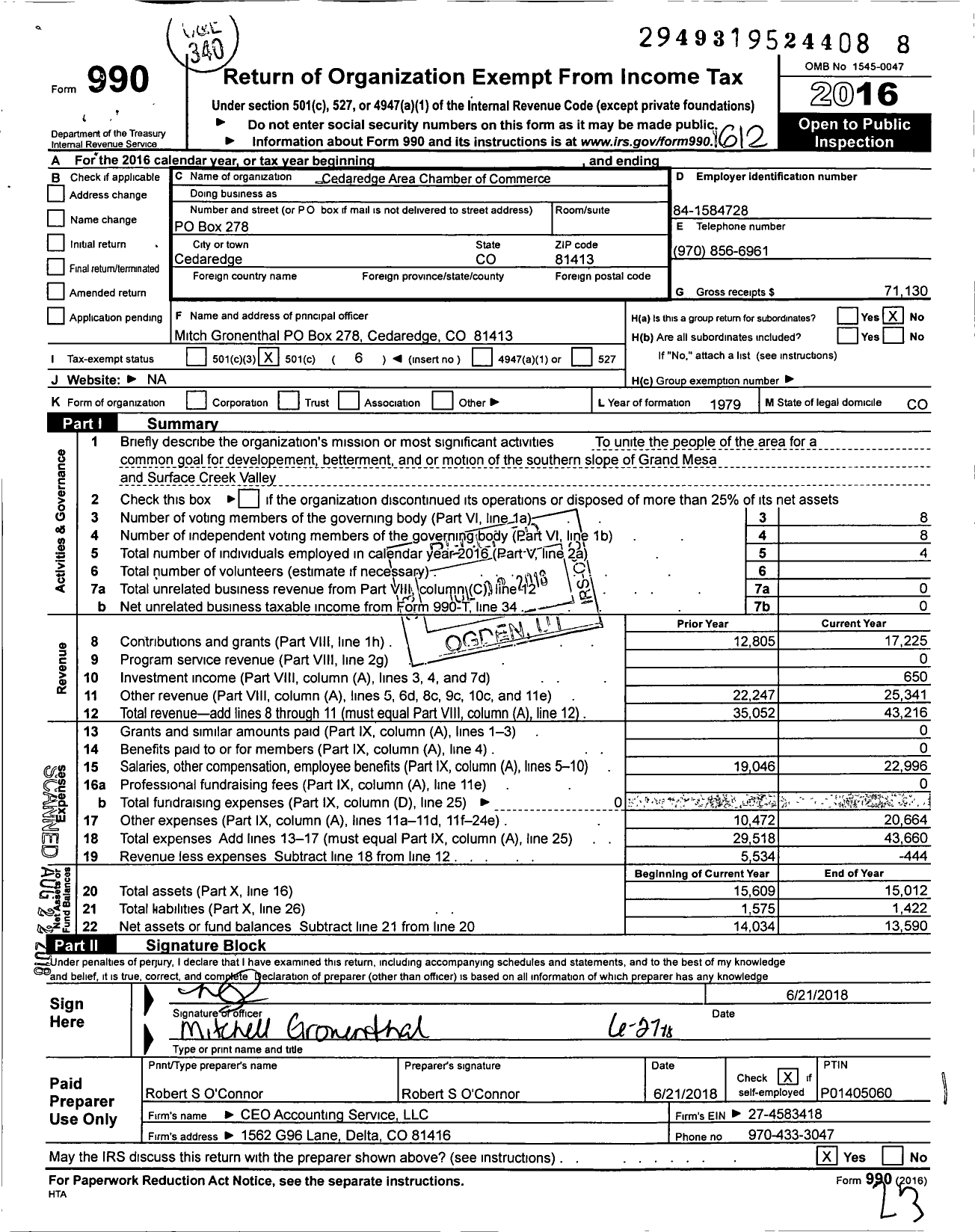 Image of first page of 2016 Form 990O for Cedaredge Area Chamber of Commerce