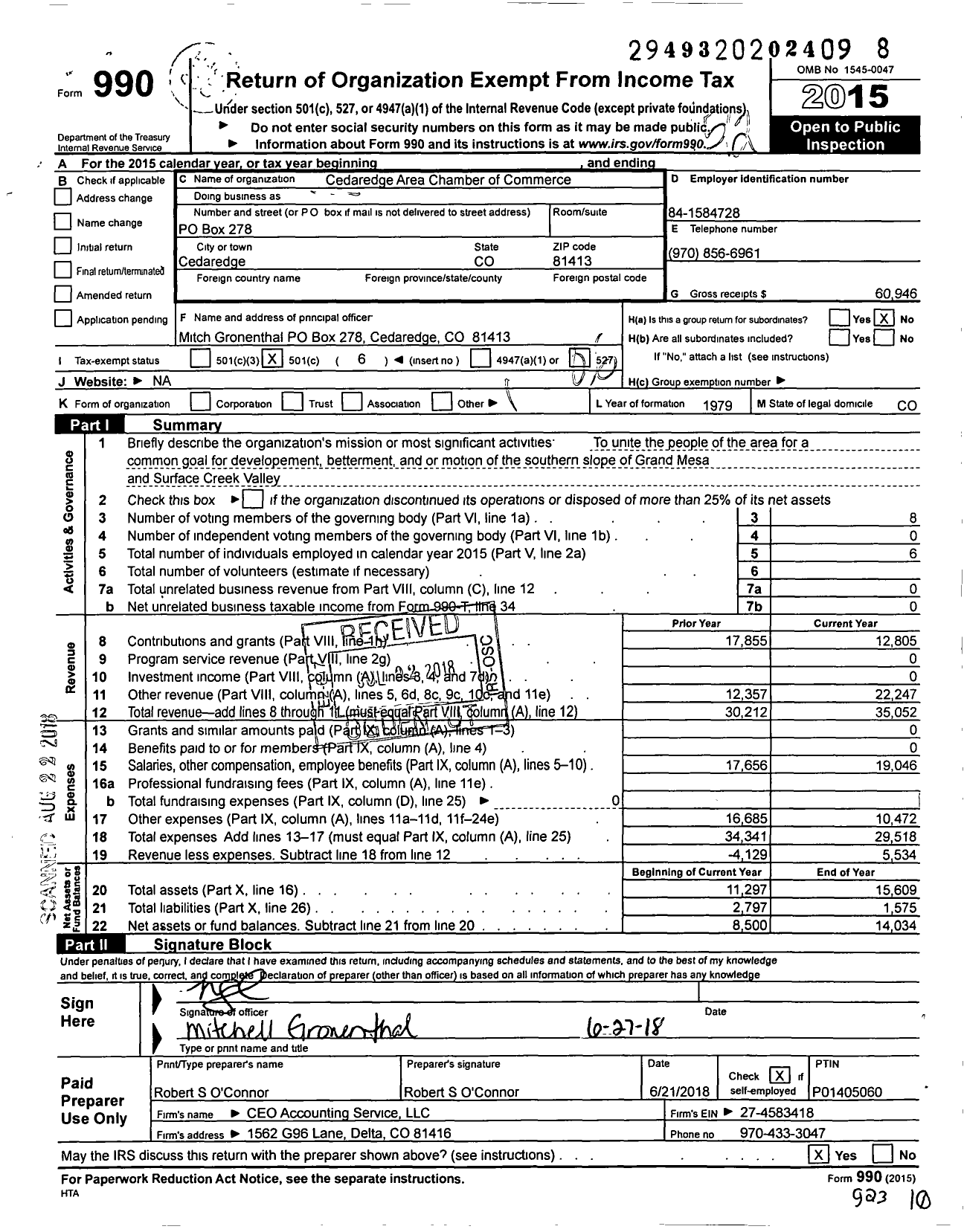 Image of first page of 2015 Form 990O for Cedaredge Area Chamber of Commerce