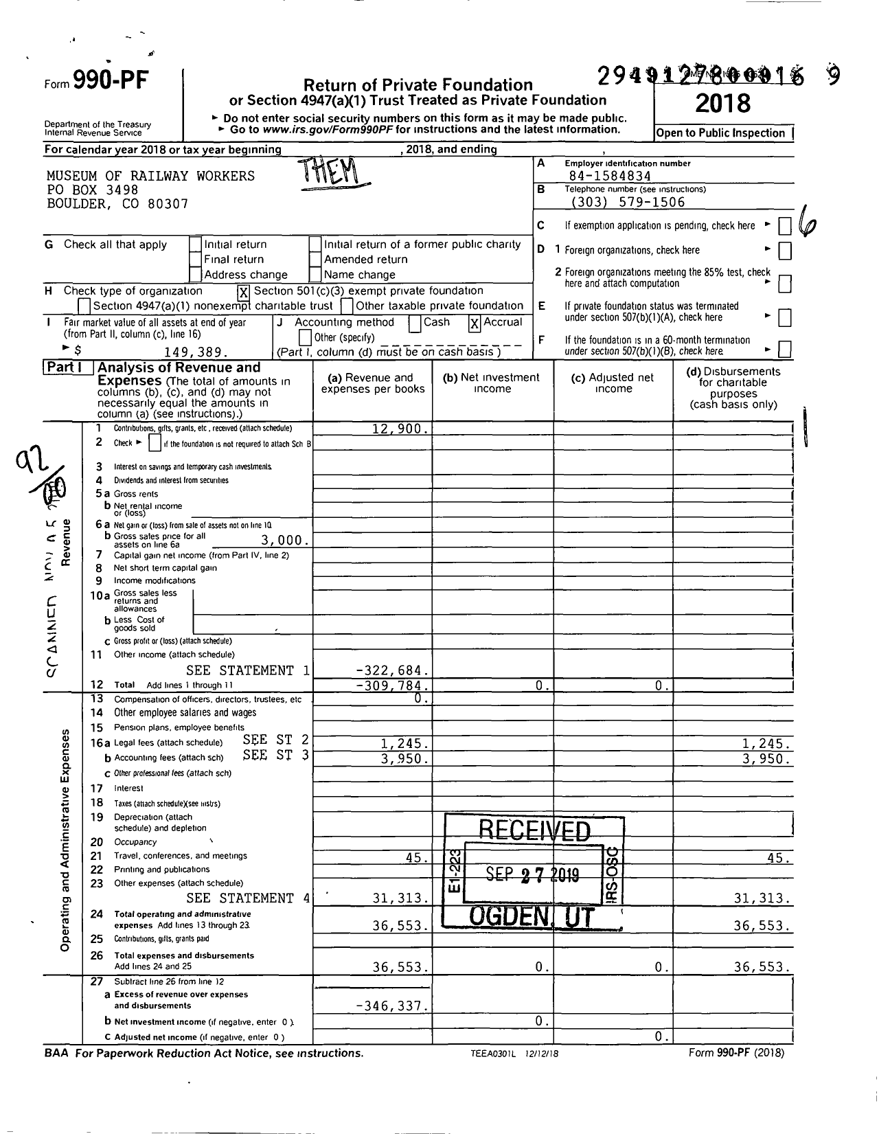 Image of first page of 2018 Form 990PF for Museum of Railway Workers