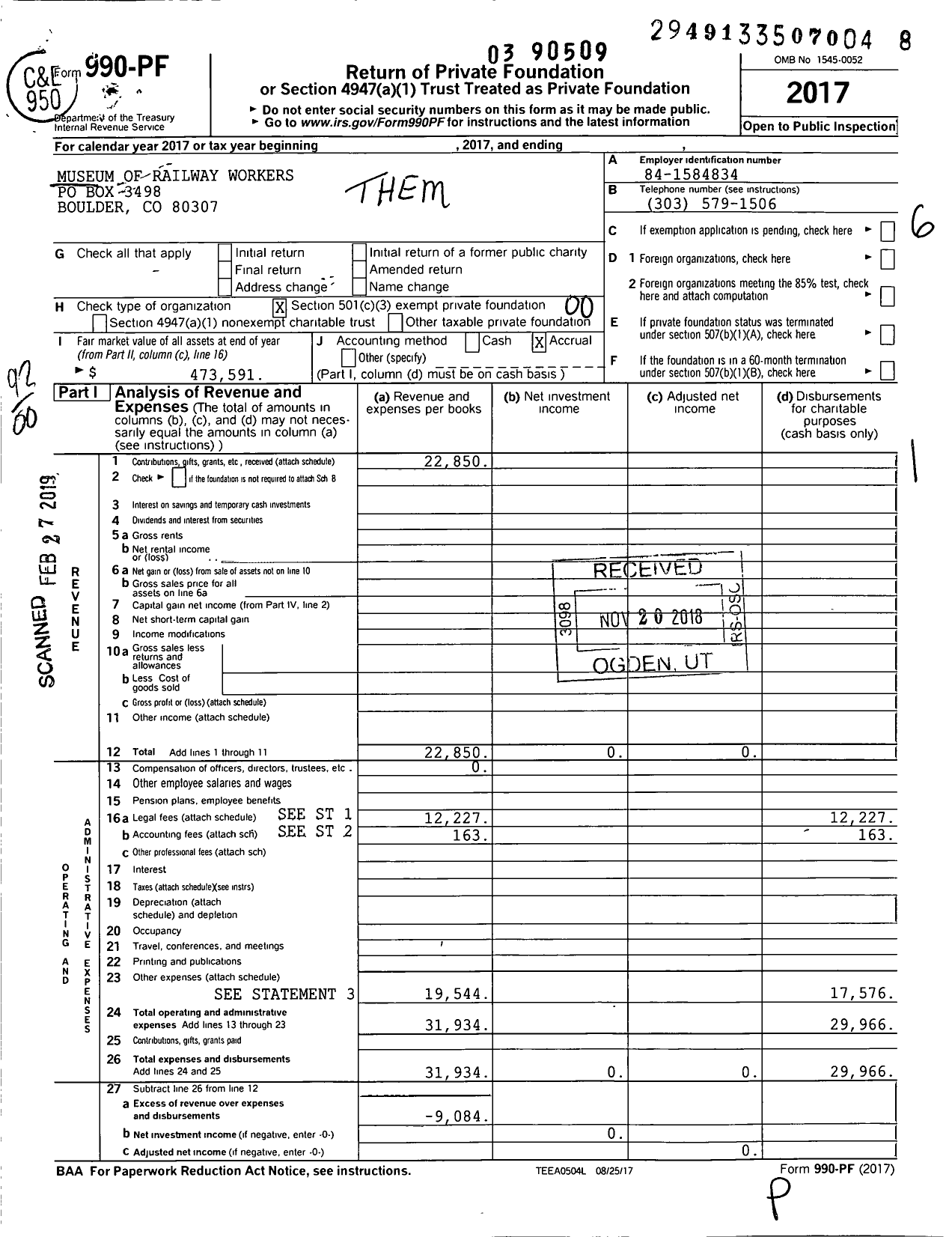 Image of first page of 2017 Form 990PF for Museum of Railway Workers