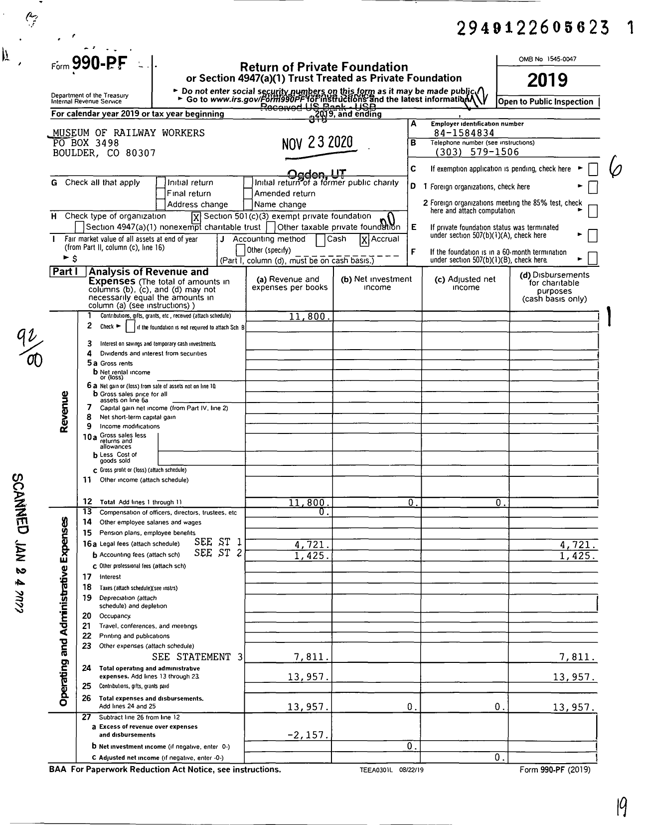 Image of first page of 2019 Form 990PF for Museum of Railway Workers