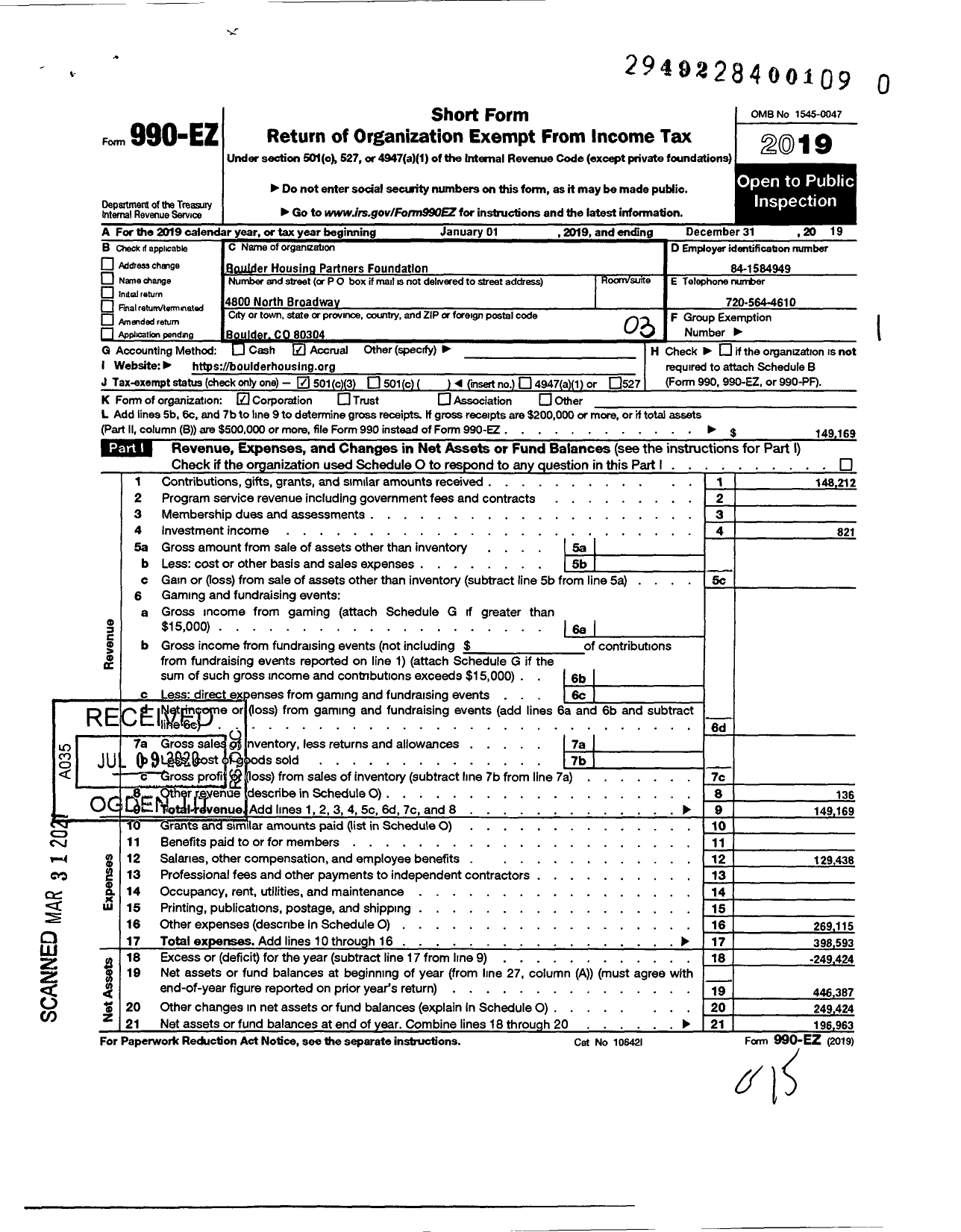 Image of first page of 2019 Form 990EZ for Boulder Housing Partners Foundation