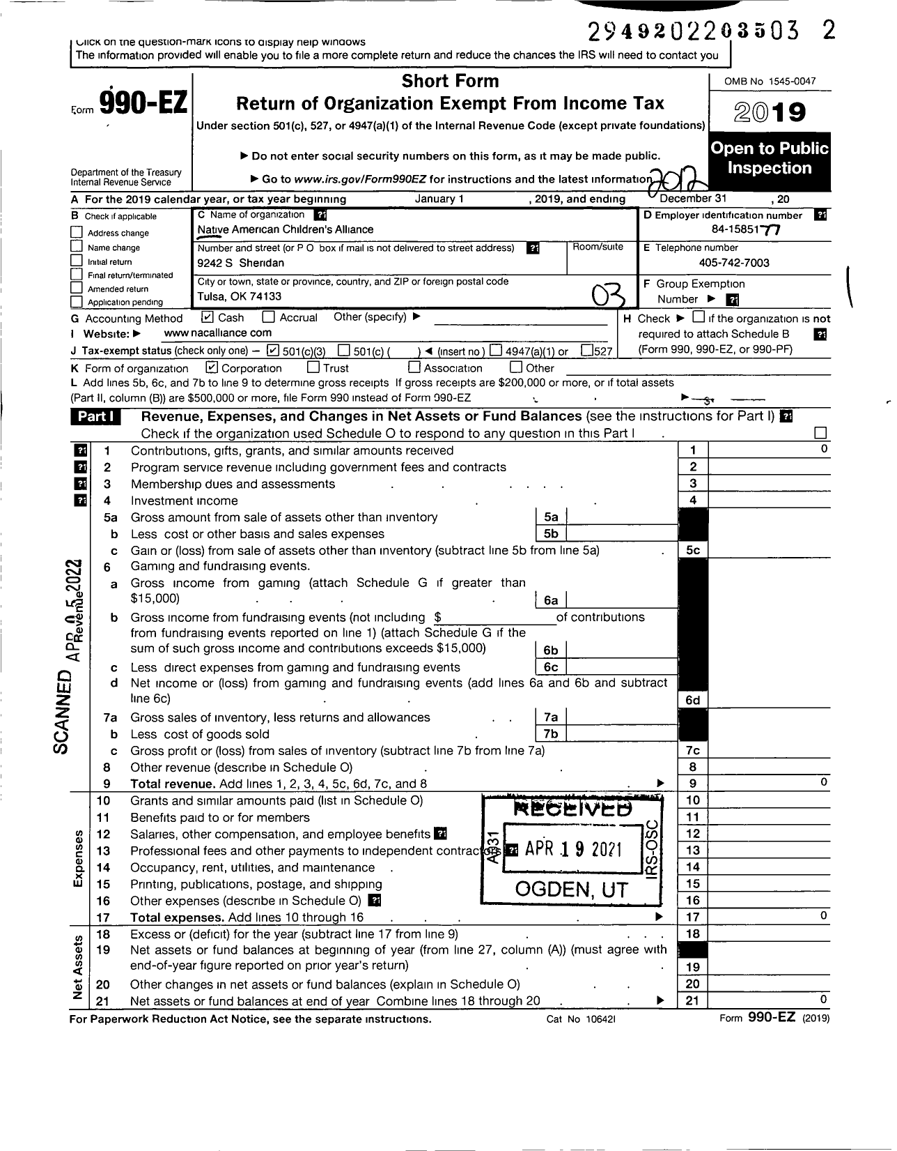 Image of first page of 2020 Form 990EZ for Native American Childrens Alliance