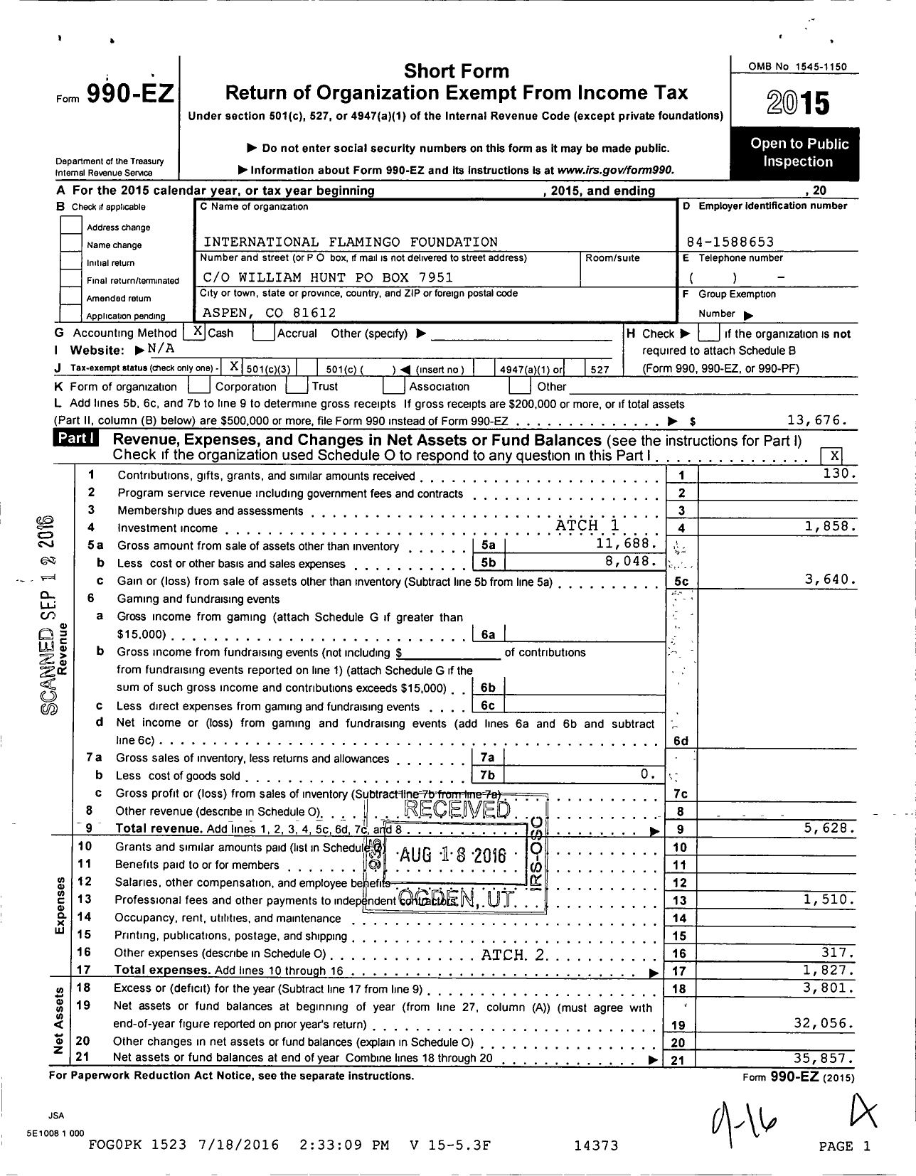 Image of first page of 2015 Form 990EZ for International Flamingo Foundation