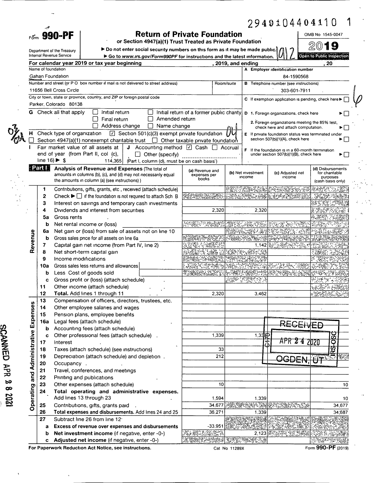 Image of first page of 2019 Form 990PF for Gahan Foundation