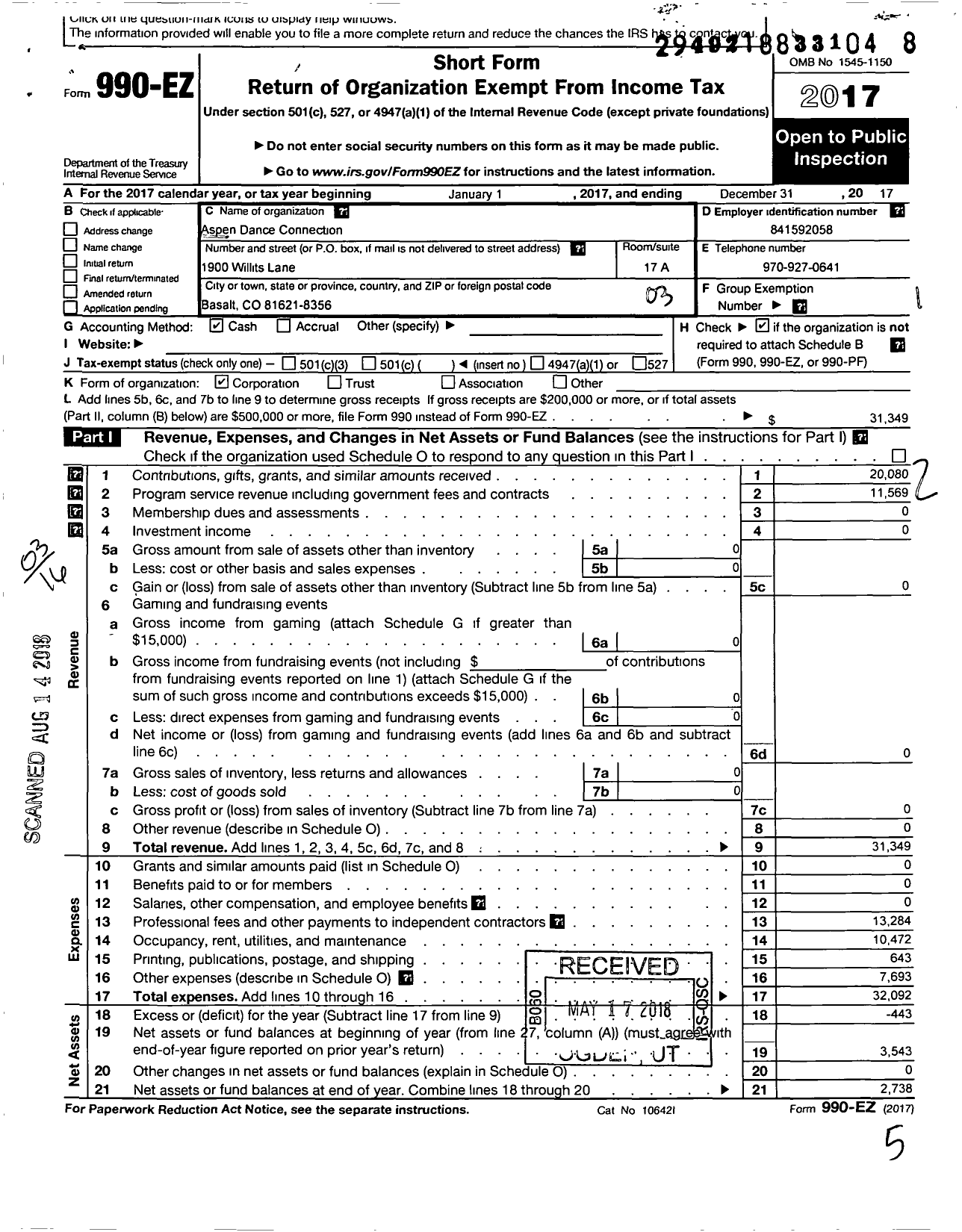 Image of first page of 2017 Form 990EZ for Aspen Dance Connection A Colorado Non-Profit Corporation