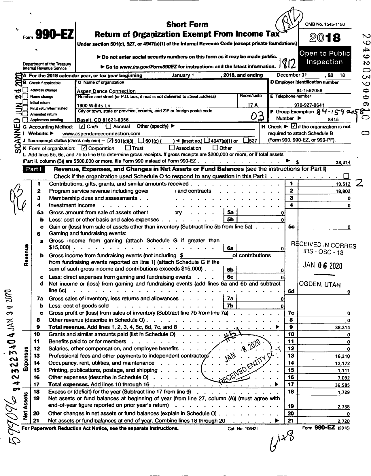 Image of first page of 2018 Form 990EZ for Aspen Dance Connection A Colorado Non-Profit Corporation