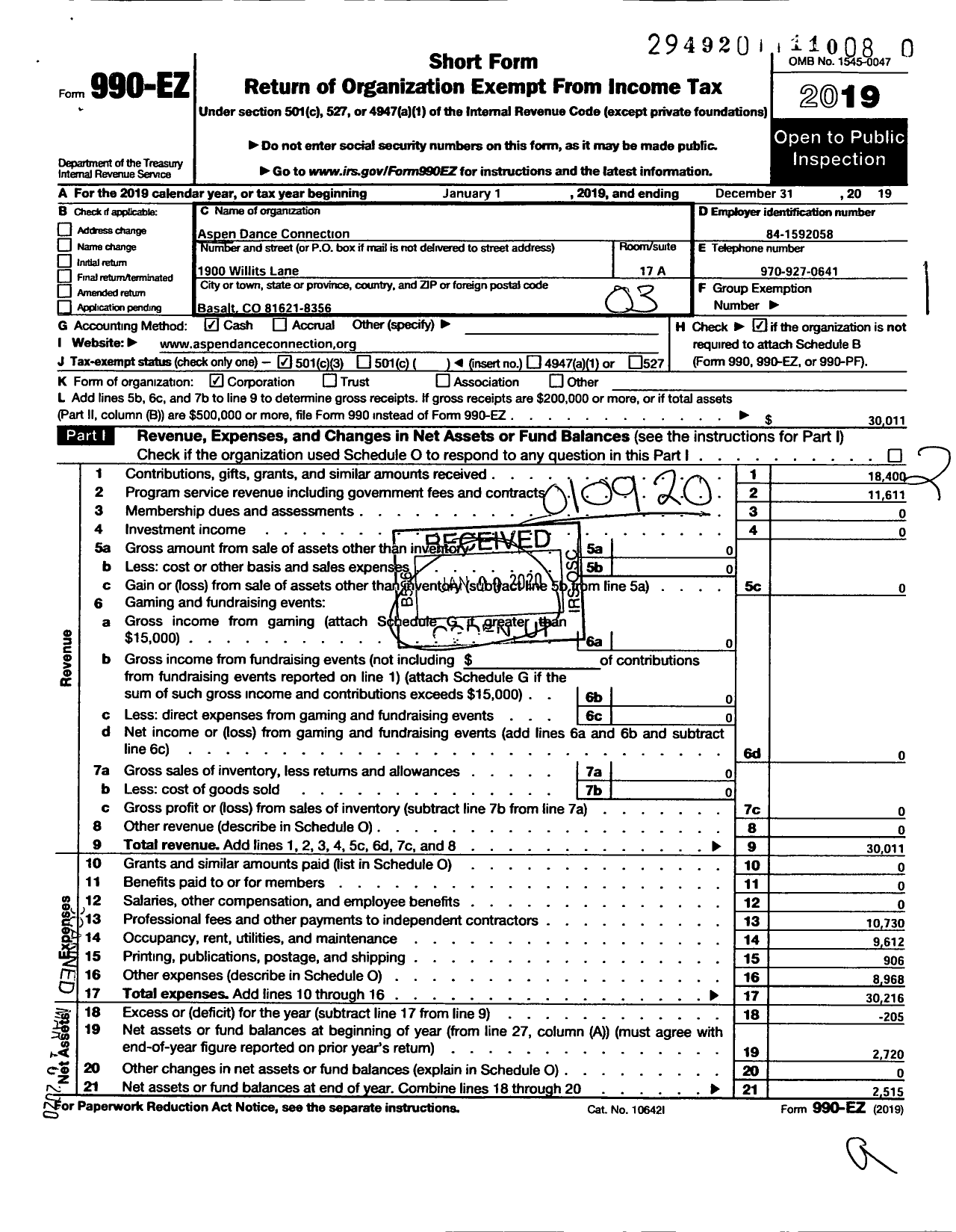 Image of first page of 2019 Form 990EZ for Aspen Dance Connection A Colorado Non-Profit Corporation