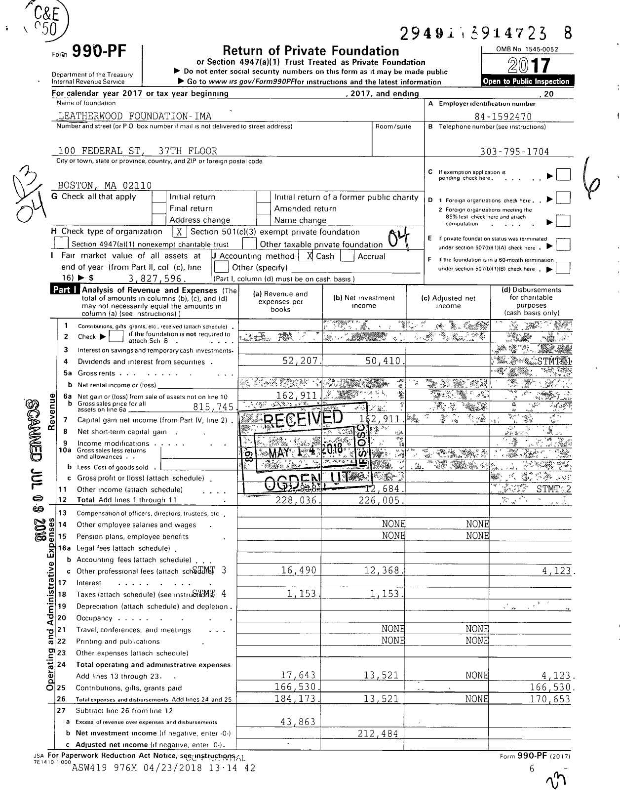 Image of first page of 2017 Form 990PF for Leatherwood Foundation-Ima