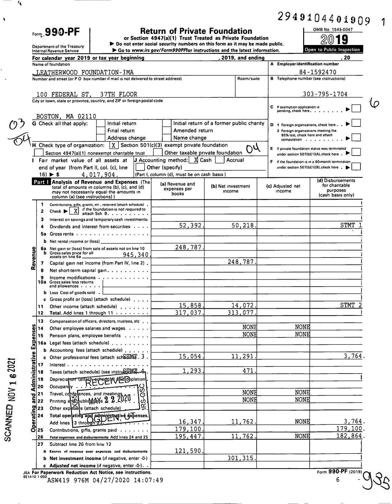 Image of first page of 2019 Form 990PF for Leatherwood Foundation-Ima