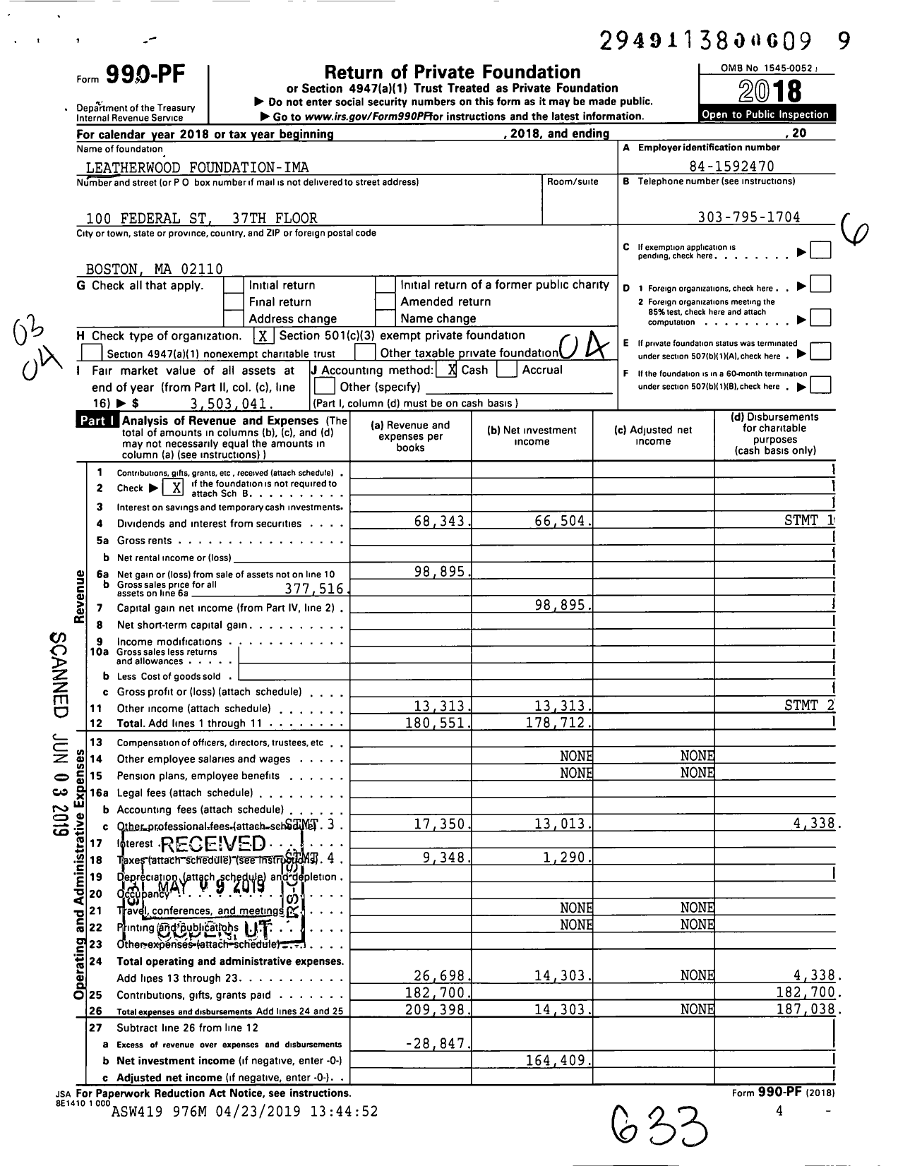 Image of first page of 2018 Form 990PF for Leatherwood Foundation-Ima