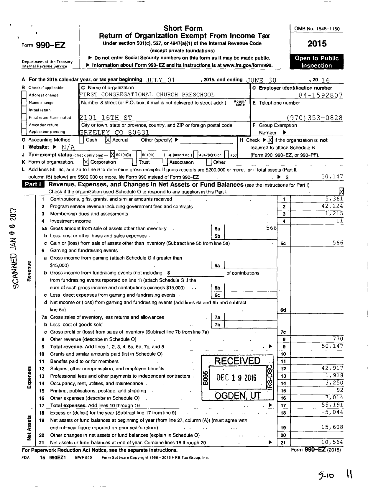 Image of first page of 2015 Form 990EZ for First Congregational Church Preschool