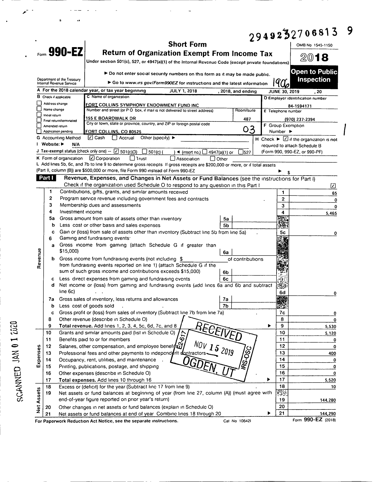 Image of first page of 2018 Form 990EZ for Fort Collins Symphony Endowment Fund