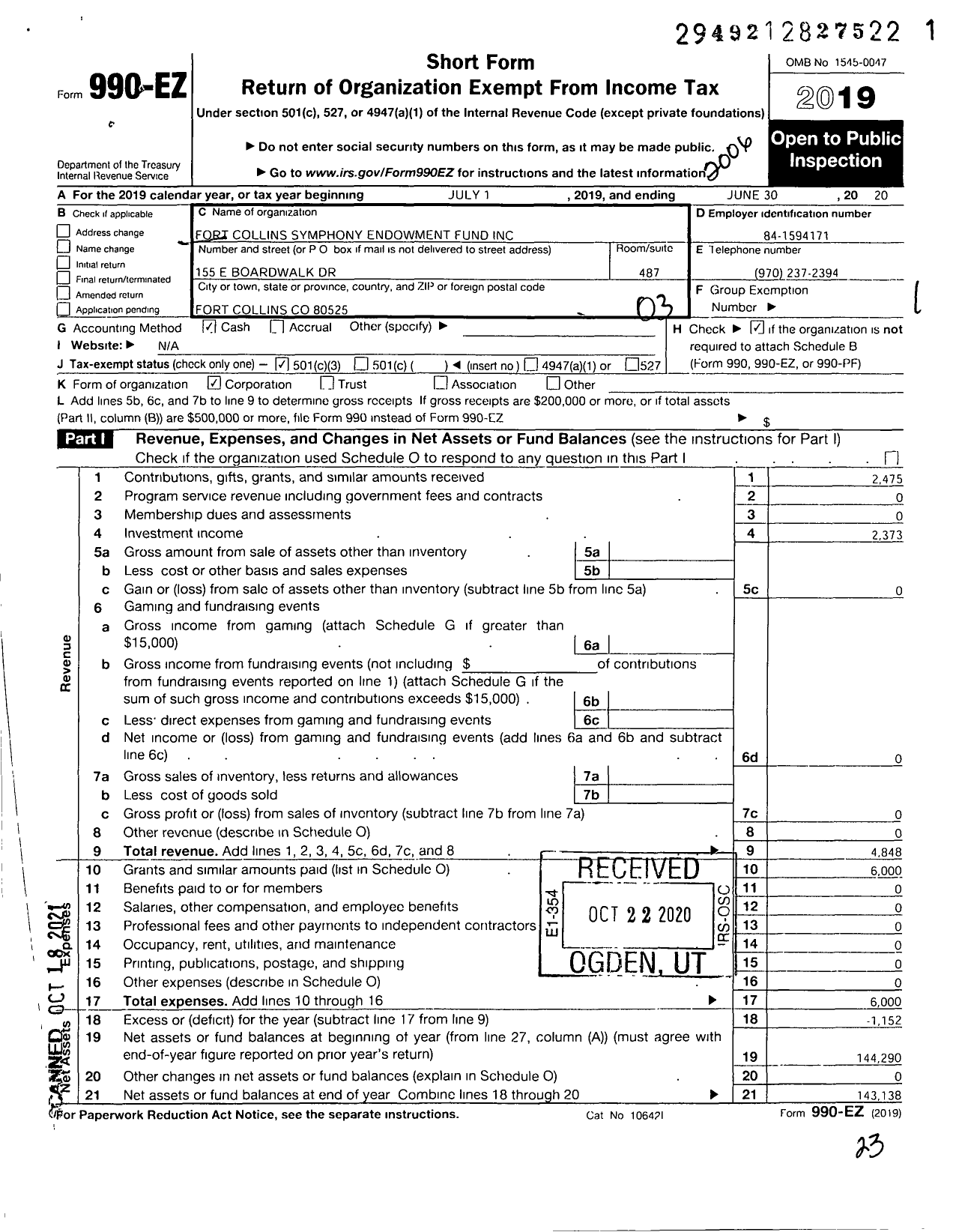 Image of first page of 2019 Form 990EZ for Fort Collins Symphony Endowment Fund