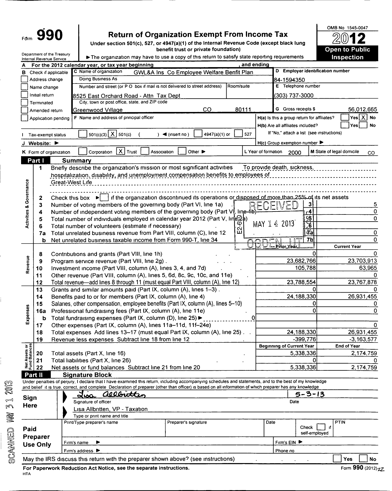 Image of first page of 2012 Form 990O for Great-West Life and Annuity Insurance Company Emp Welfare Benefit Pl Trust