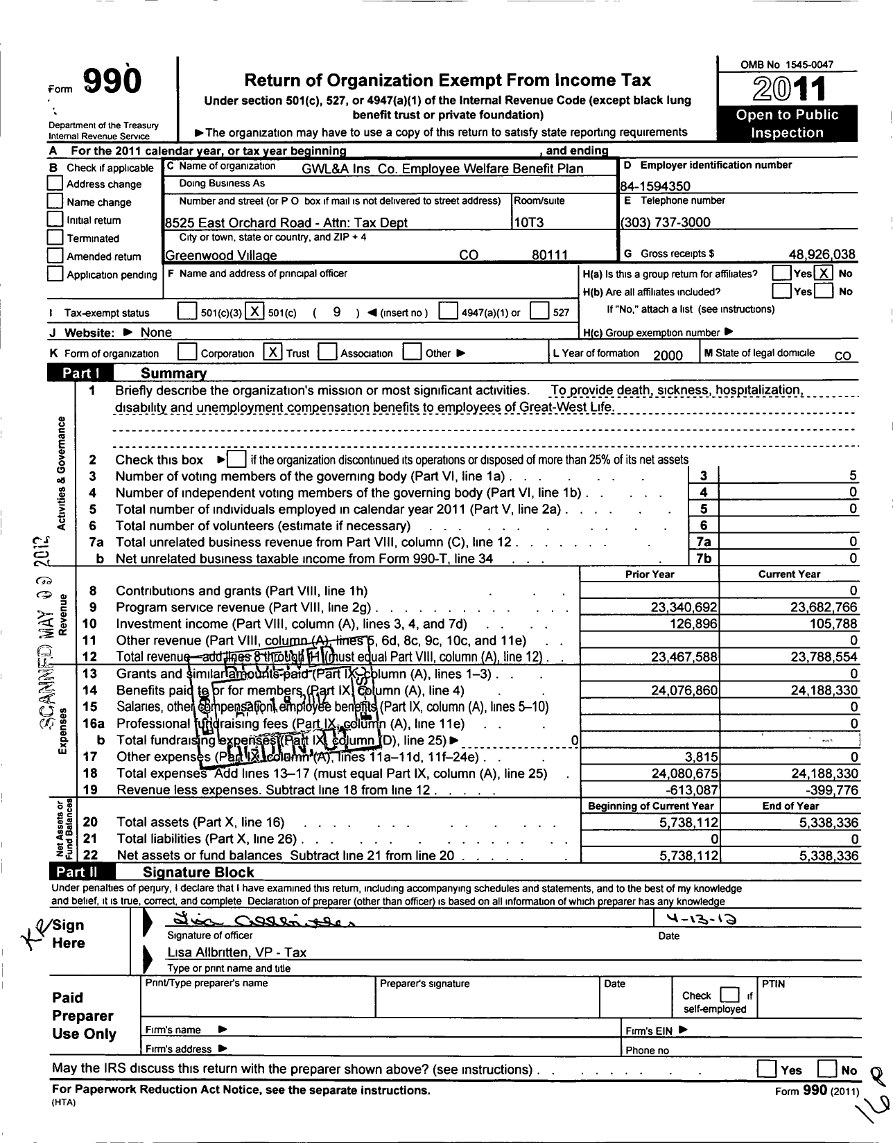 Image of first page of 2011 Form 990O for Great-West Life and Annuity Insurance Company Emp Welfare Benefit Pl Trust