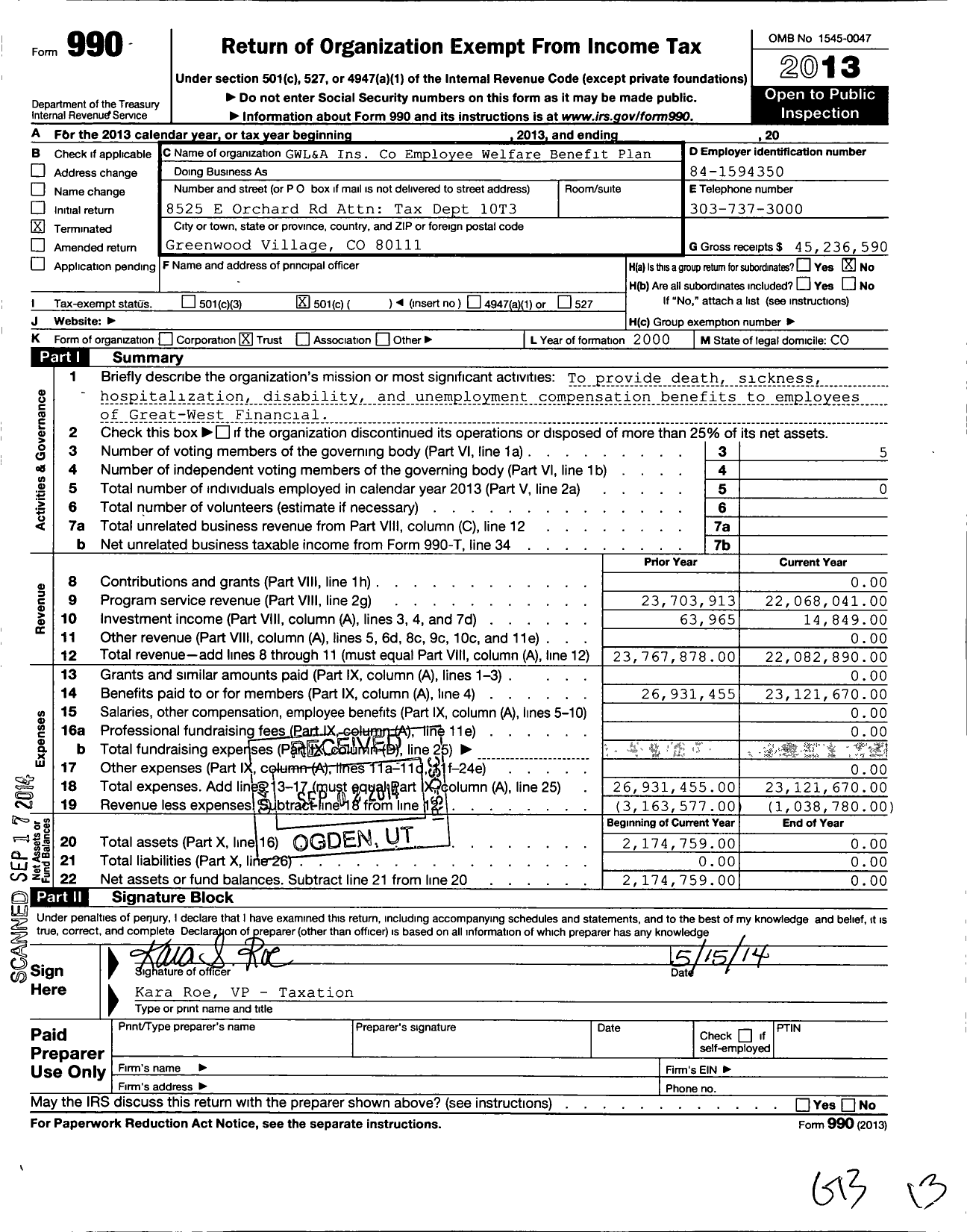 Image of first page of 2013 Form 990O for Great-West Life and Annuity Insurance Company Emp Welfare Benefit Pl Trust