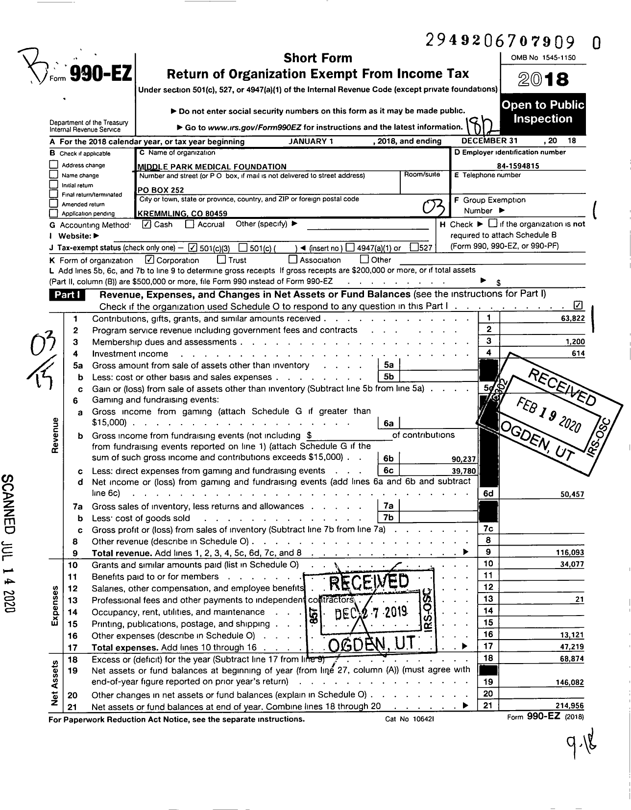 Image of first page of 2018 Form 990EZ for Middle Park Medical Foundation