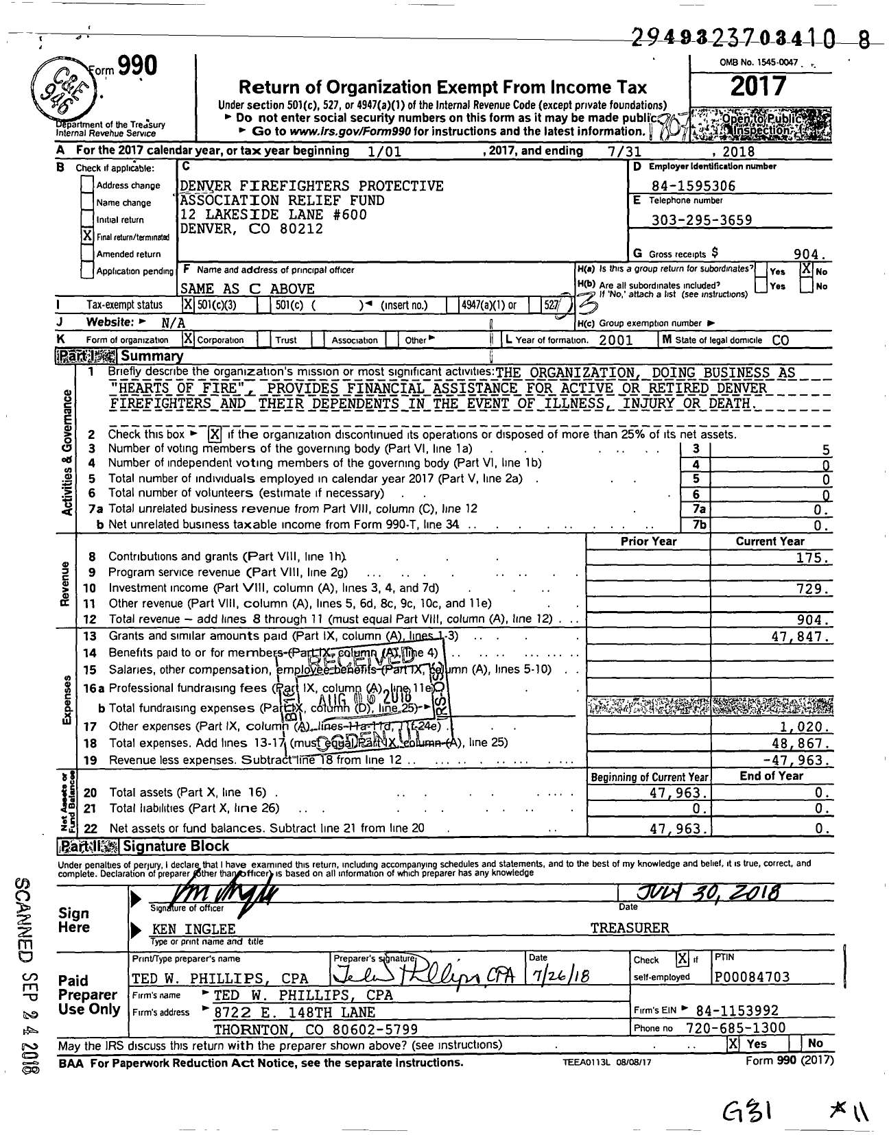 Image of first page of 2017 Form 990 for Denver Firefighters Protective Association Relief Fund