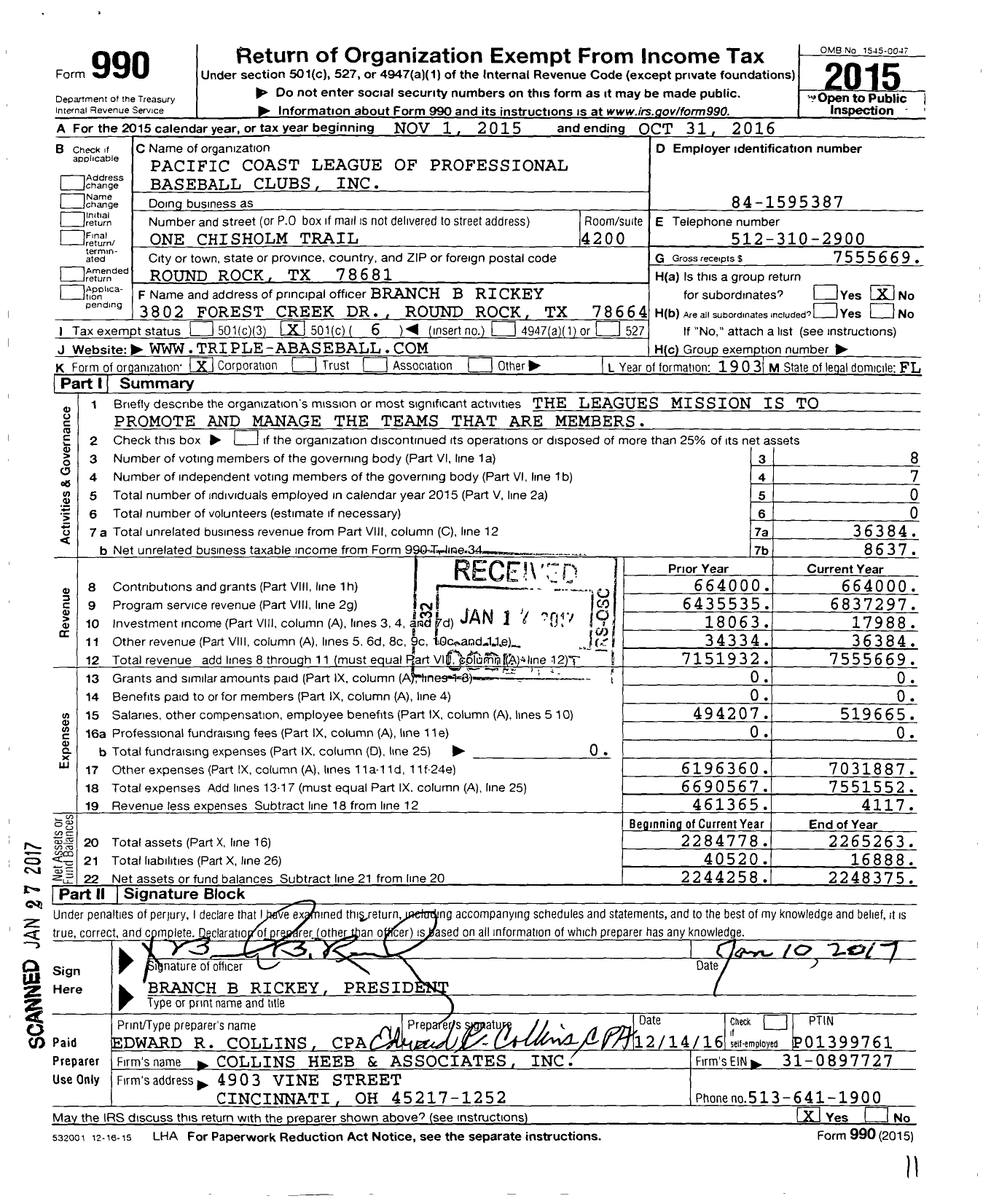 Image of first page of 2015 Form 990O for Pacific Coast League of Professional Baseball Clubs