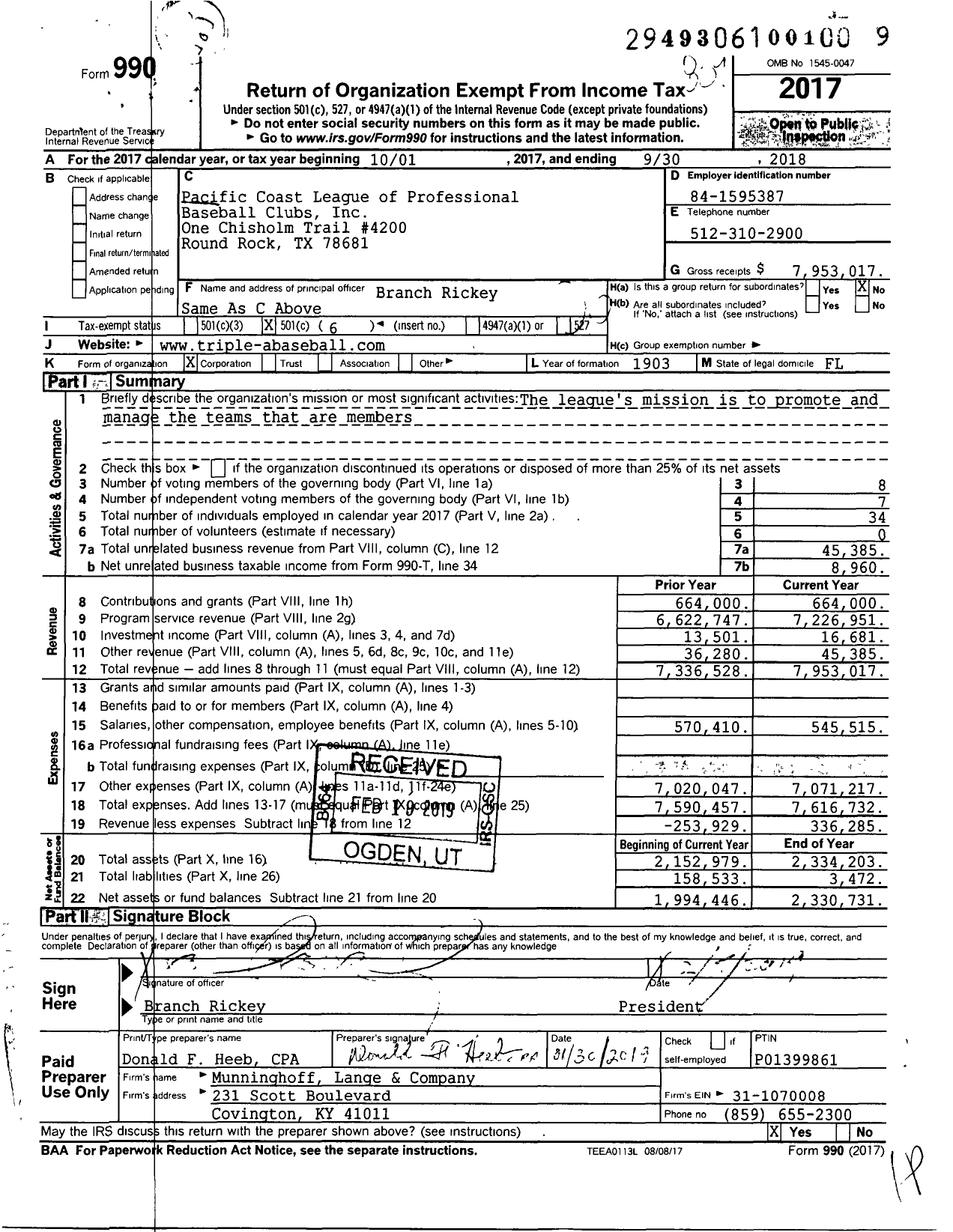 Image of first page of 2017 Form 990O for Pacific Coast League of Professional Baseball Clubs